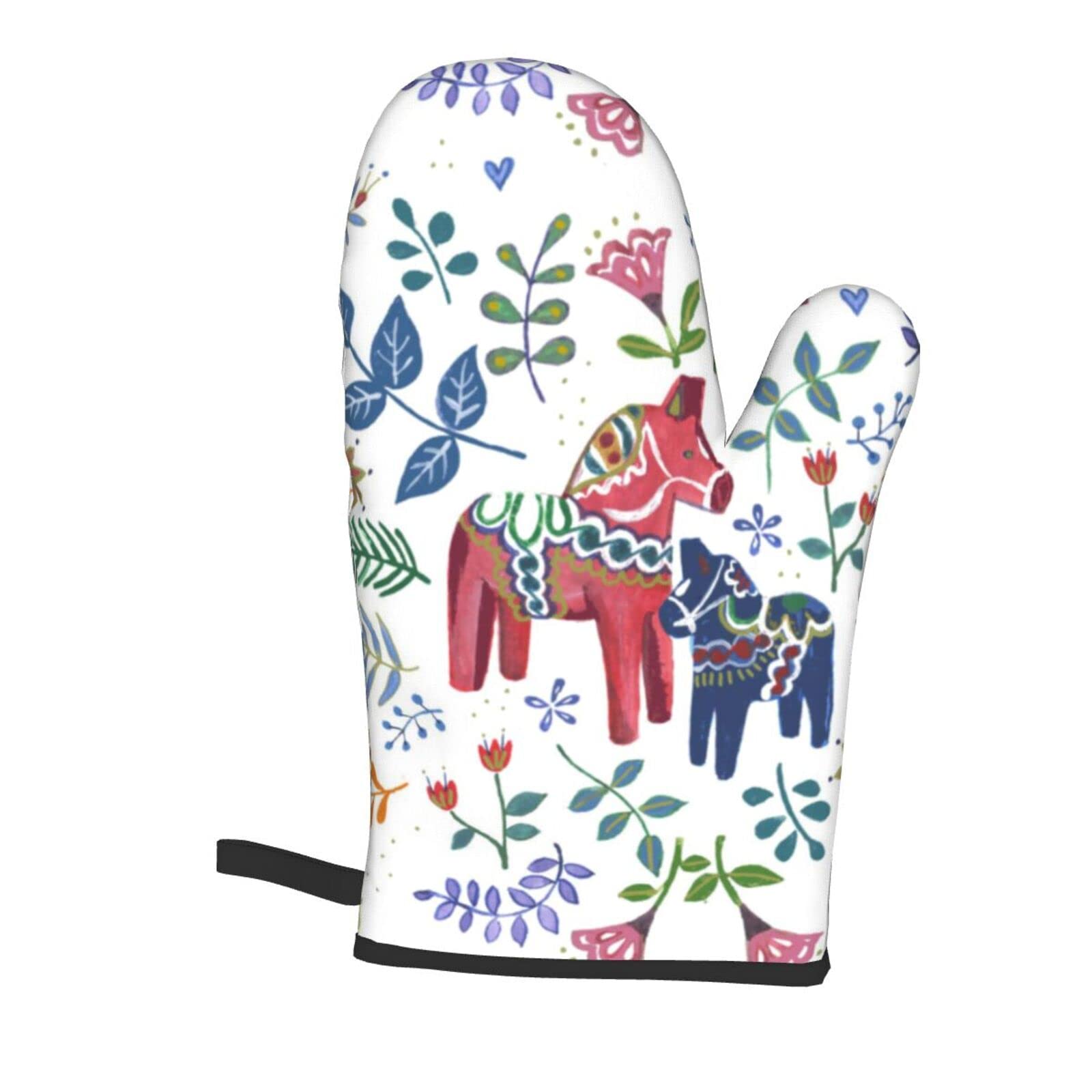 Floral Swedish Dala Horse Oven Mitts & Pot Holders Set - Heat Resistant Kitchen Gloves for Cooking, Baking, Grilling & BBQ - Perfect for Swedish-Themed Kitchens & Home Decor
