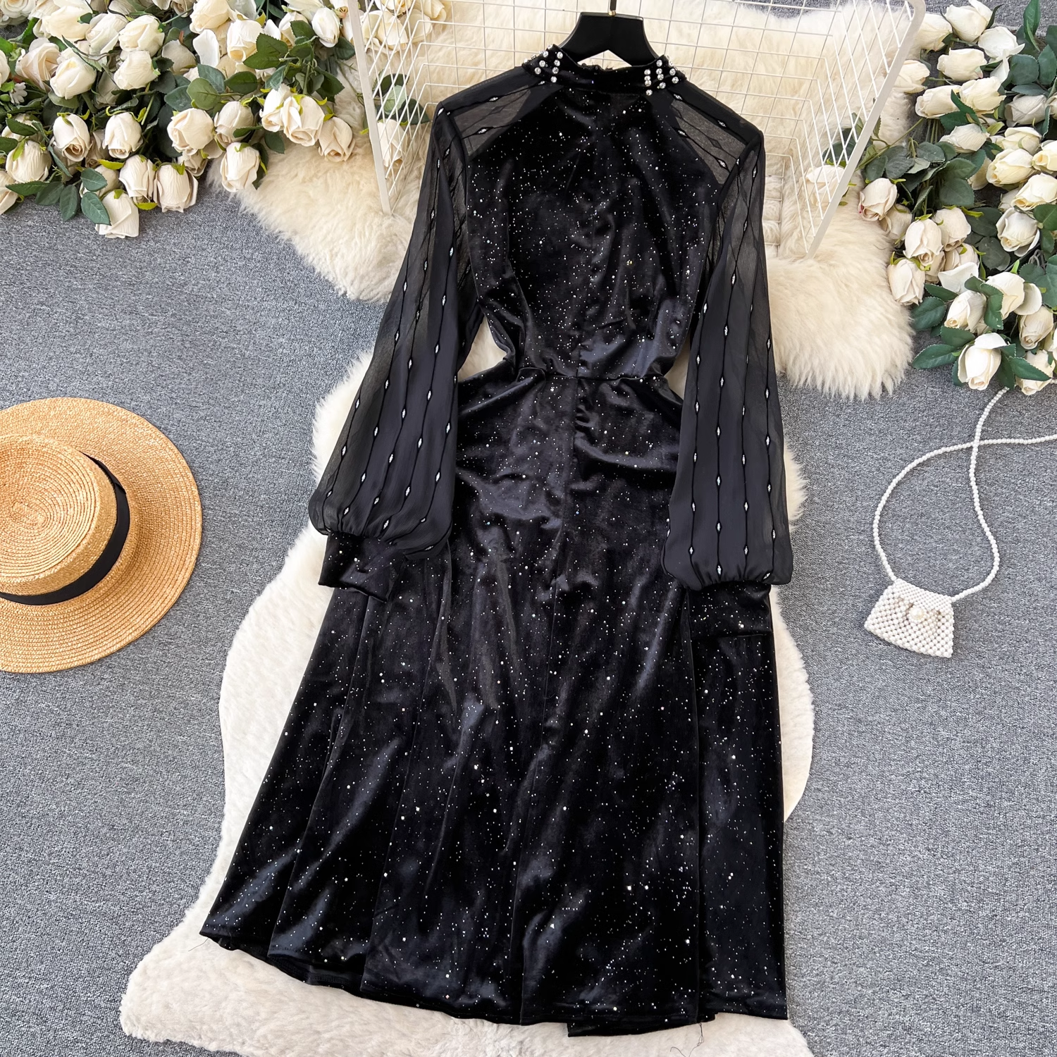 Elegant Black Velvet Beaded Dress with Sequins - Perfect for Evening Gala, Prom Night & Special Occasions