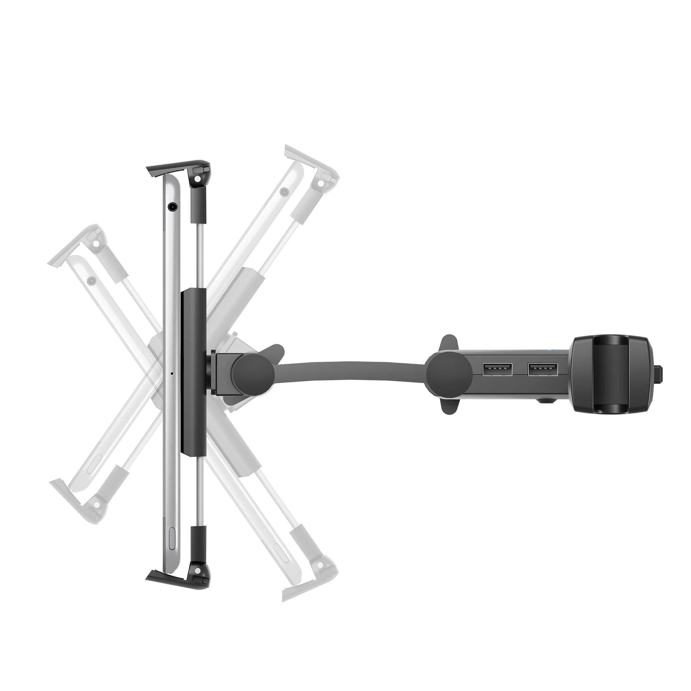 Adjustable Car Tablet Holder with Multiple USB Ports - Secure Mount for iPad, Samsung Tablets - Perfect for Road Trips, GPS Navigation & Entertainment
