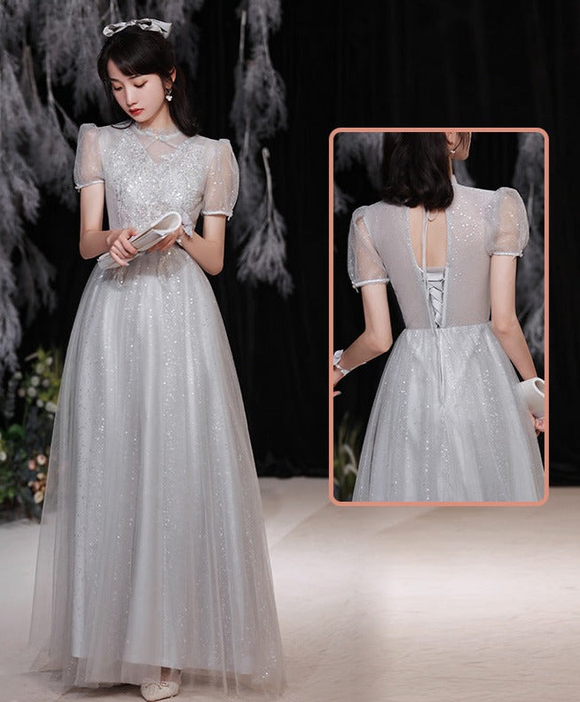 Elegant Gray A-Line Long Prom Dress - Shiny Formal Evening Gown for Bridesmaids & Special Occasions | Perfect for Homecoming, Weddings & Black Tie Events