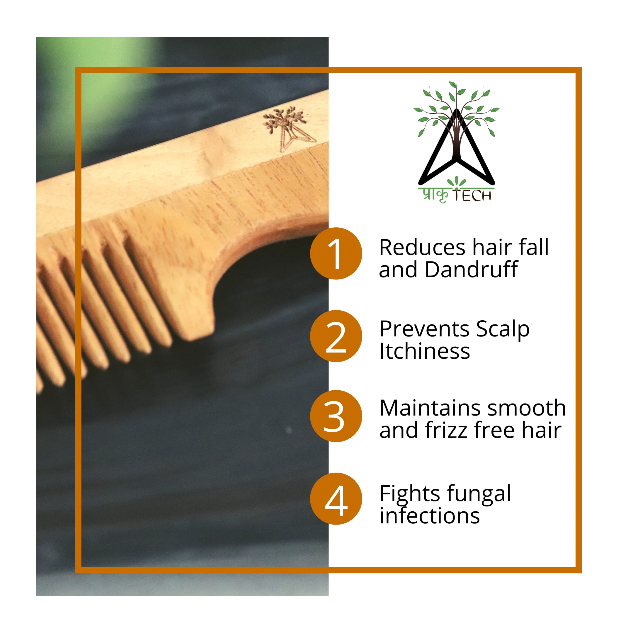 PRAKRTECH Neem Wood Shampoo Comb with Handle - Anti-Dandruff & Hair Loss Prevention Comb for Men & Women | Natural Kachi Neem Wooden Comb for Hair Growth & Scalp Care | Perfect for Daily Hair Styling & Massage (17 x 7 x 1 cm)