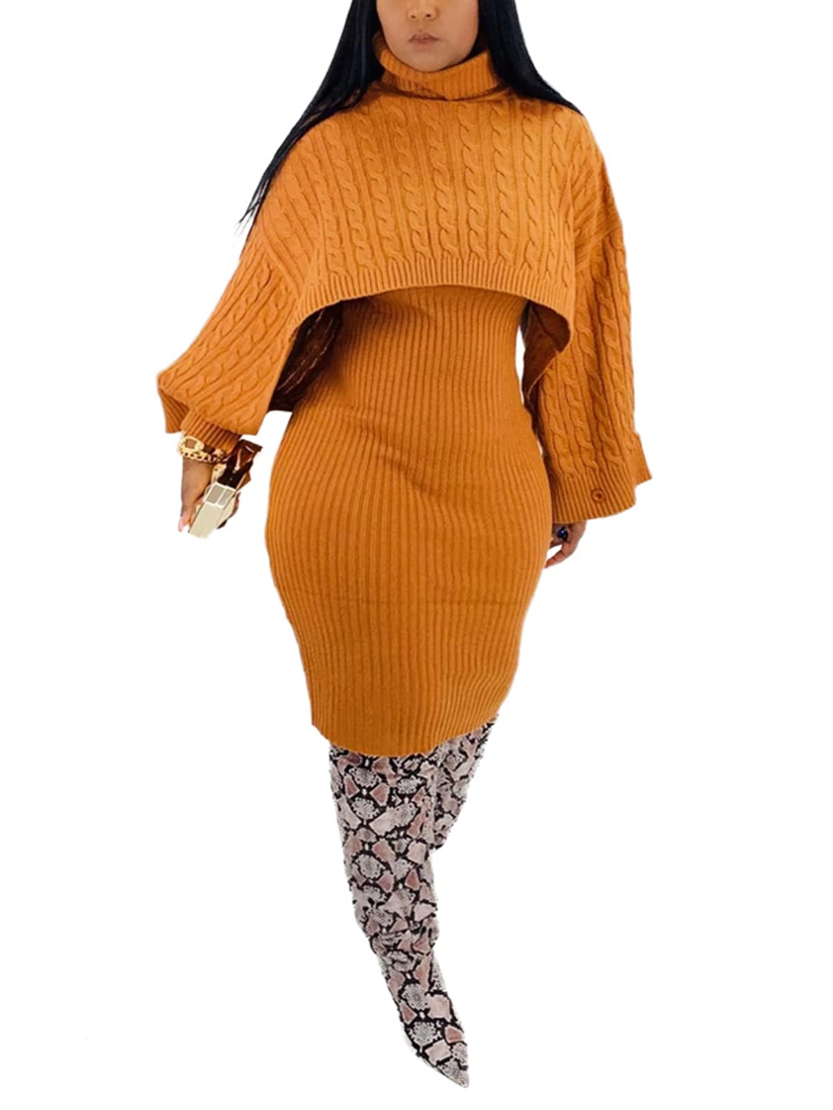 Women's Knitted Long Sleeve Turtleneck Sweater & Tank Bodycon Midi Dress 2-Piece Outfit Set - Winter Fashion, Date Night, Office Wear, Casual Chic Outfits