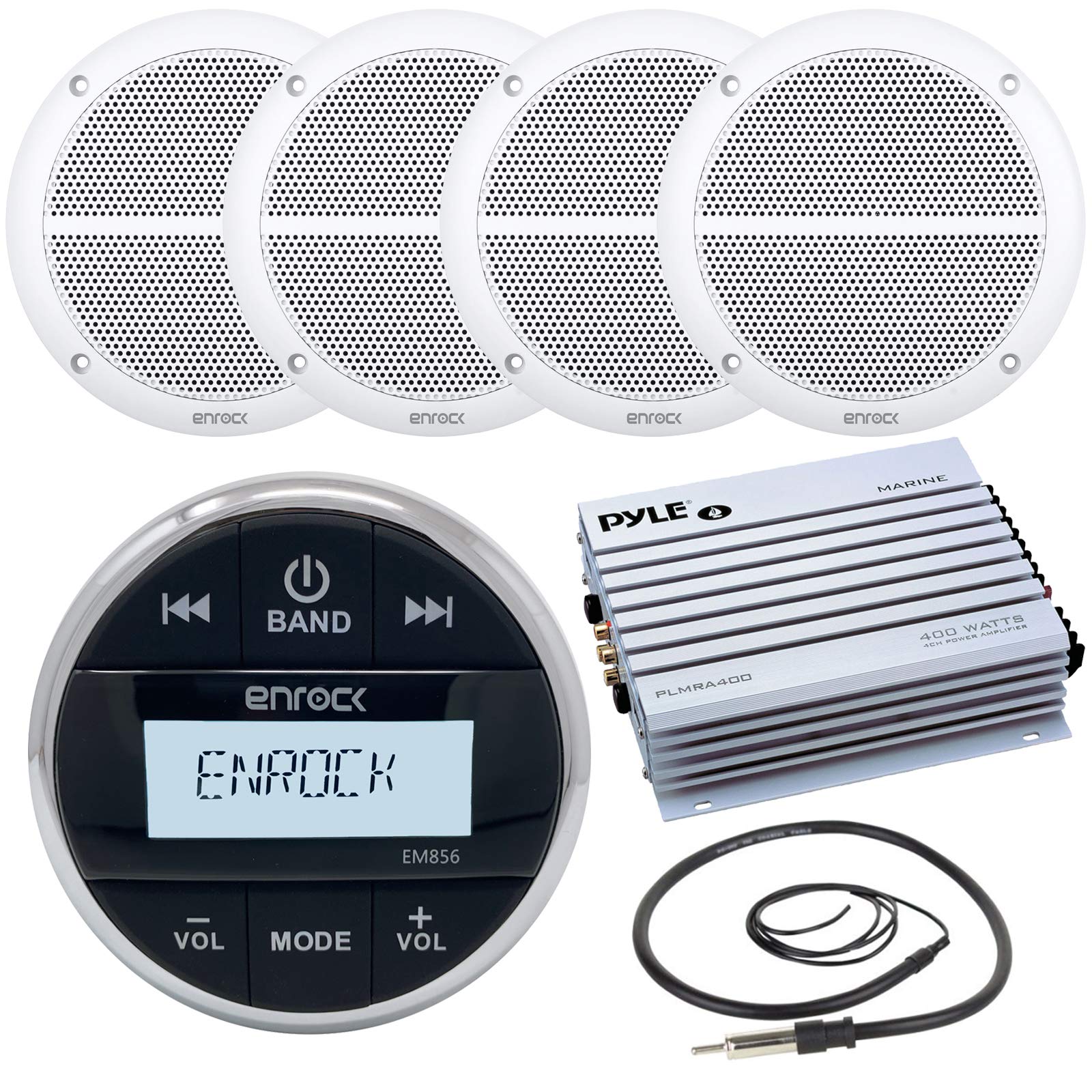 Enrock Bluetooth AUX AM FM Round Marine Radio Bundle with 400W Boat Amplifier & 4x 6.5