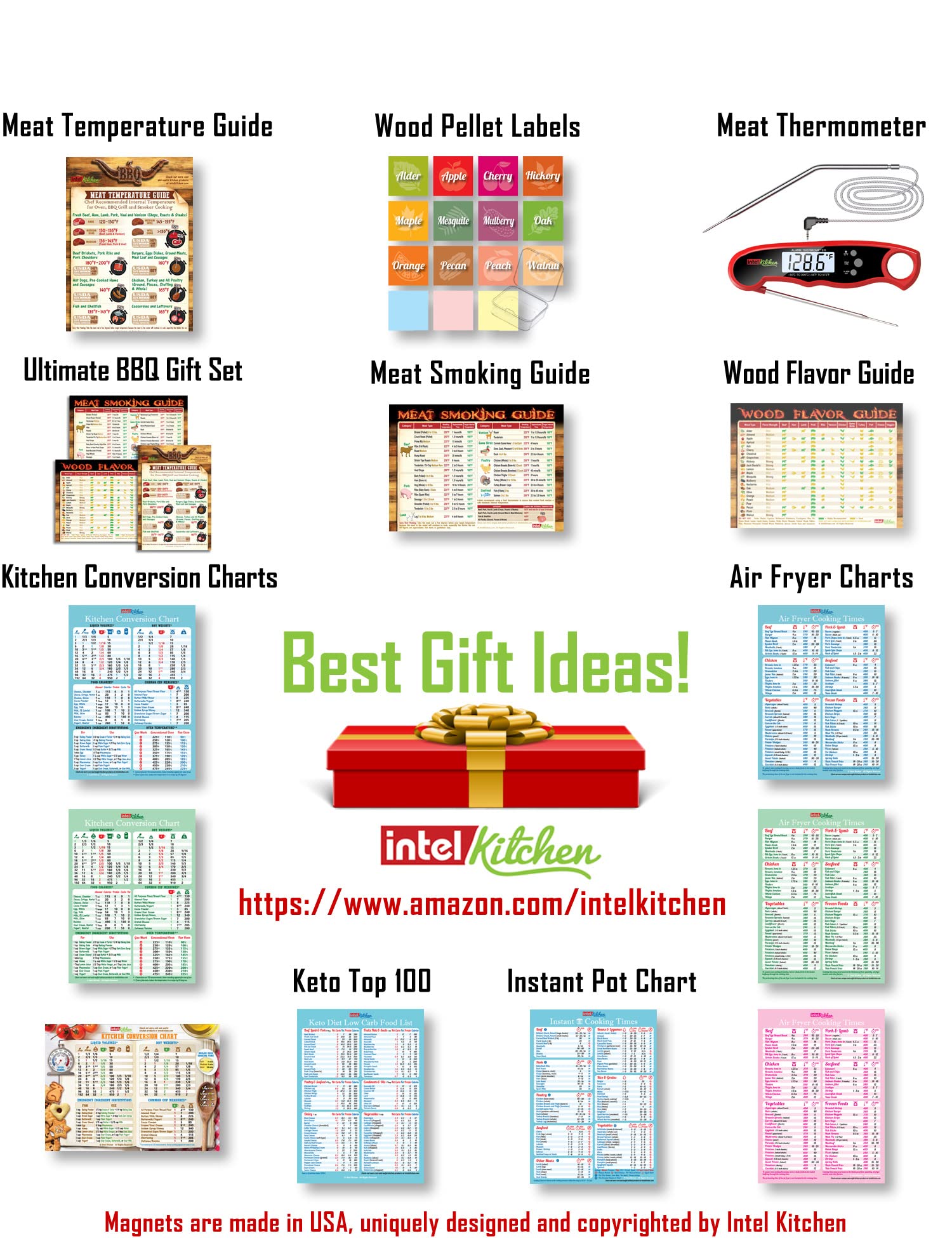 Ultimate BBQ Gift Set - Meat Smoking Guide (47 Meats) + Temperature Guide + Wood Flavor Chart - Large Outdoor Grill Magnets & Smoker Pellets - Perfect for Grilling Enthusiasts, Birthday & Holiday Gifts - Ideal for Backyard BBQs, Tailgating & Outdoor Cooking Parties