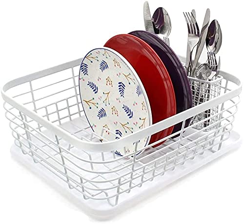 Stainless Steel Dish Drying Rack with Drainboard & Utensil Holder - Space Saving Kitchen Organizer for Countertop, Sink, Cabinet - Perfect for Small Apartments & RVs (White, One Size)
