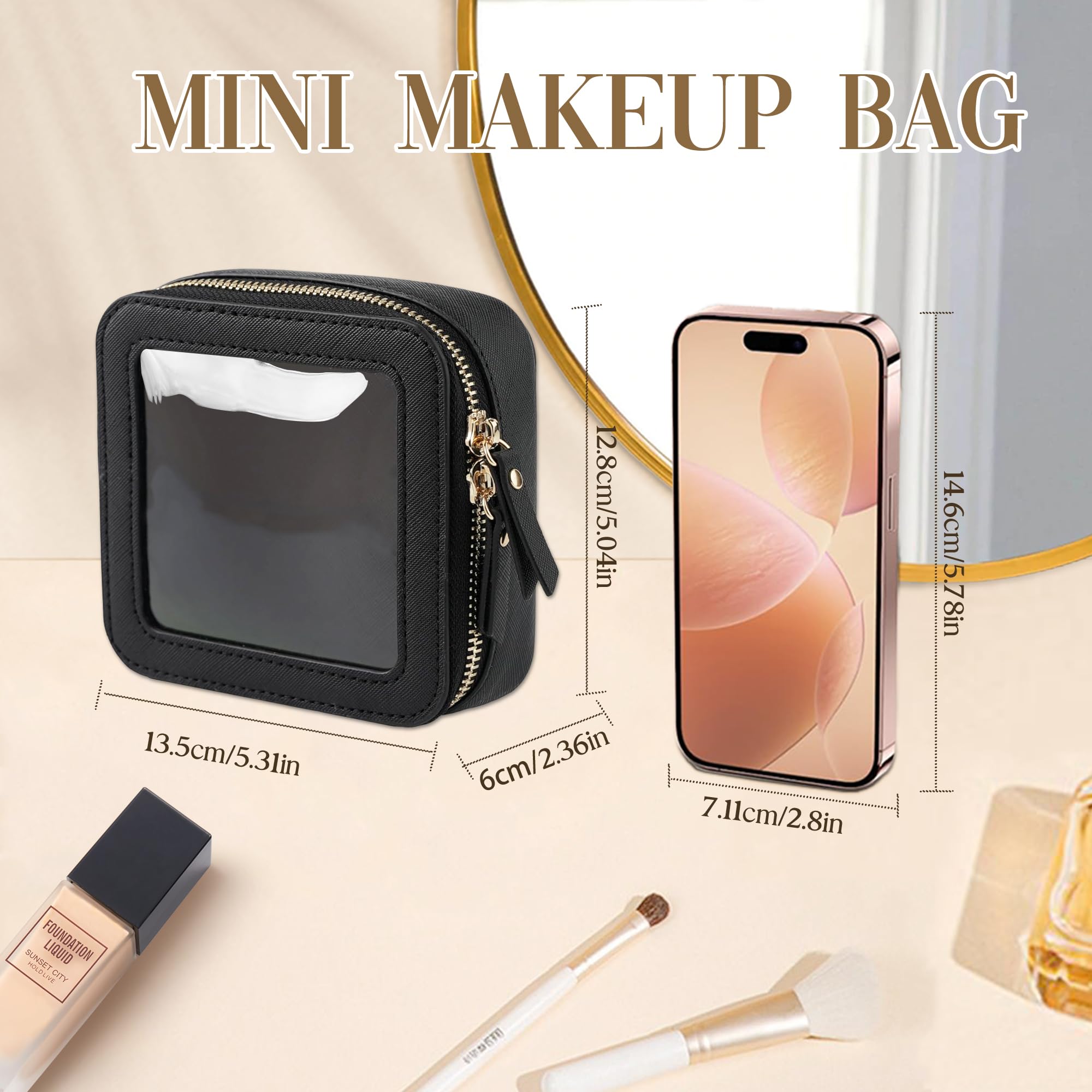 Clear Makeup Bag for Travel - Small Leather Cosmetic Pouch Organizer with Zipper, TSA Approved Waterproof Square Makeup Case for School, Carry-On Essentials (Mini-Black) | Perfect for Airports, Gym & Daily Use