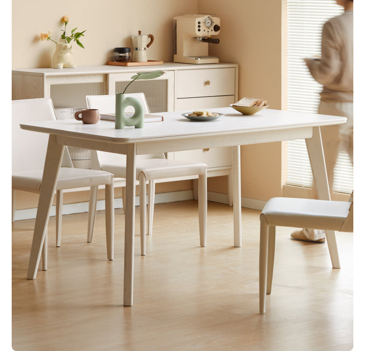 Birch Solid Wood Dining Table - Cream Wind White Finish - Modern Farmhouse Style for Kitchen, Dining Room & Small Spaces