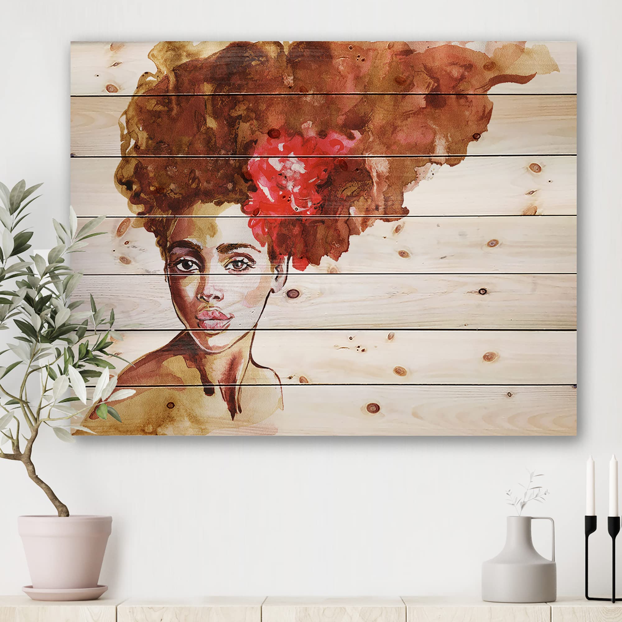 Modern Afro American Woman Wood Wall Art - Brown Pine Decor for Living Room