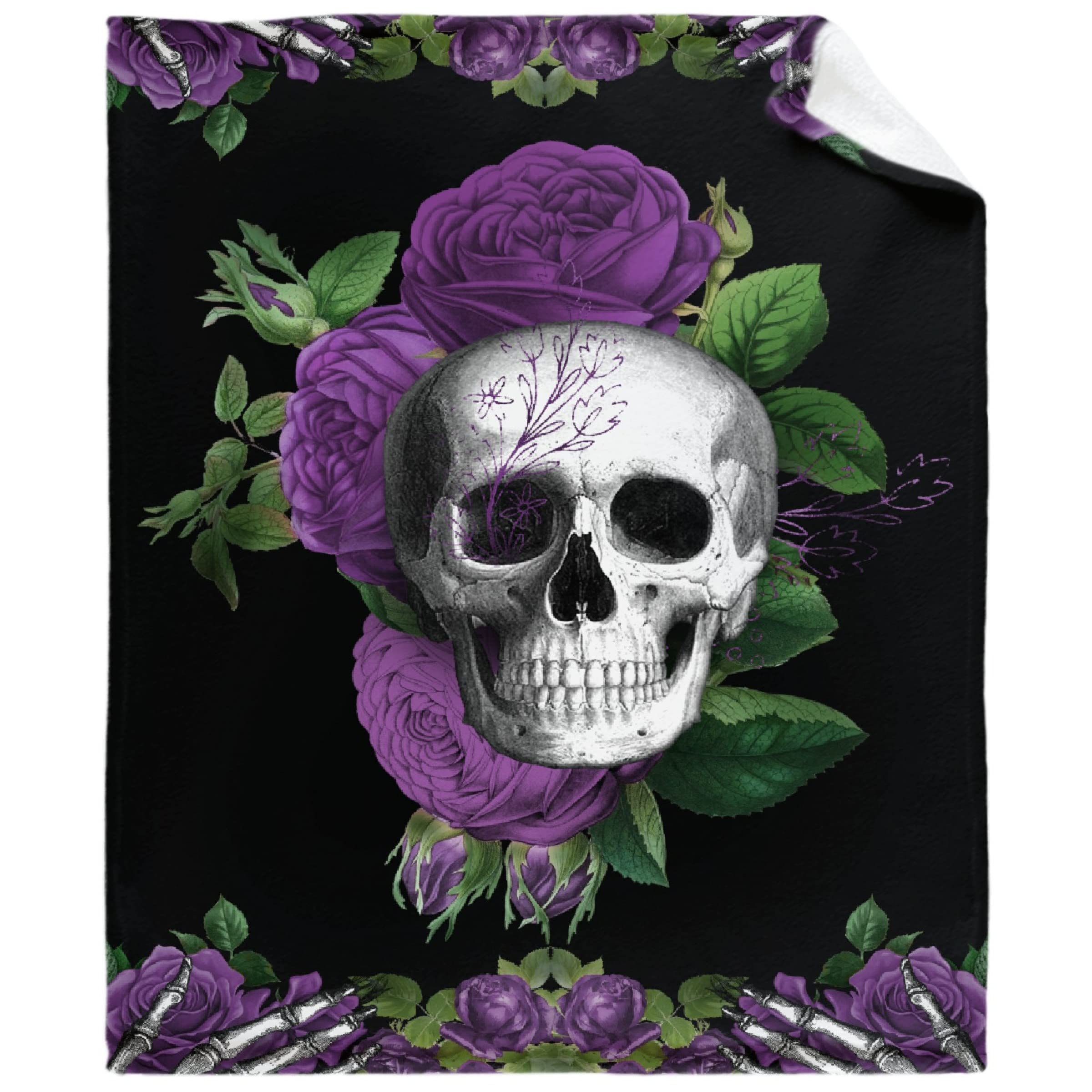 Cozy Purple Floral Skull Print Flannel Throw Blanket - Soft Warm Large 80