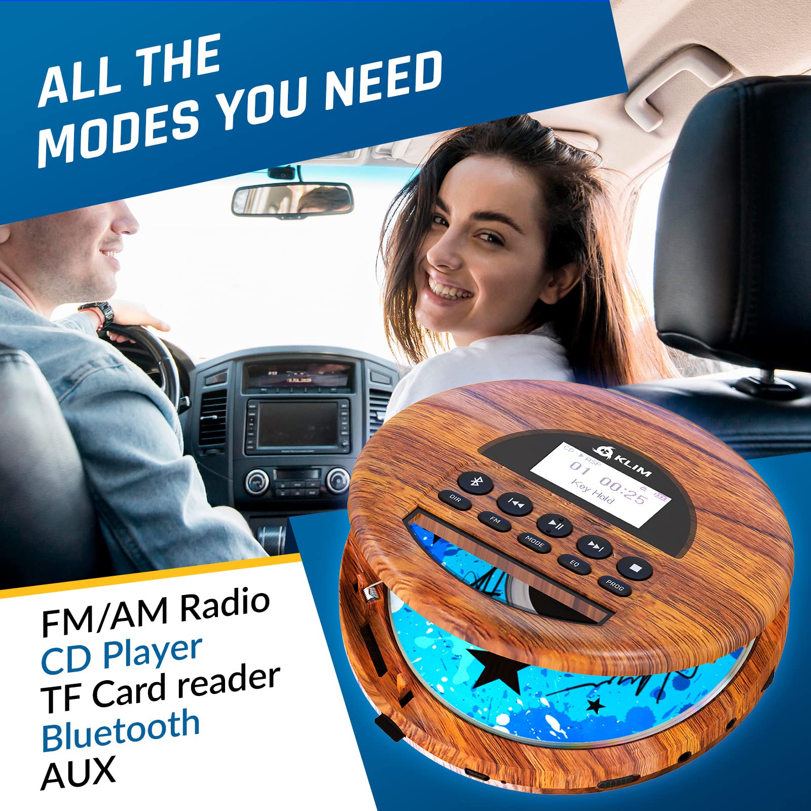 KLIM Nomad Wood Portable CD Player Walkman with FM Radio & Bluetooth - Long-Lasting Battery, Includes Headphones, MP3 & TF Card Compatible - Perfect for Car Rides, Travel & Outdoor Activities (2024 New Model)