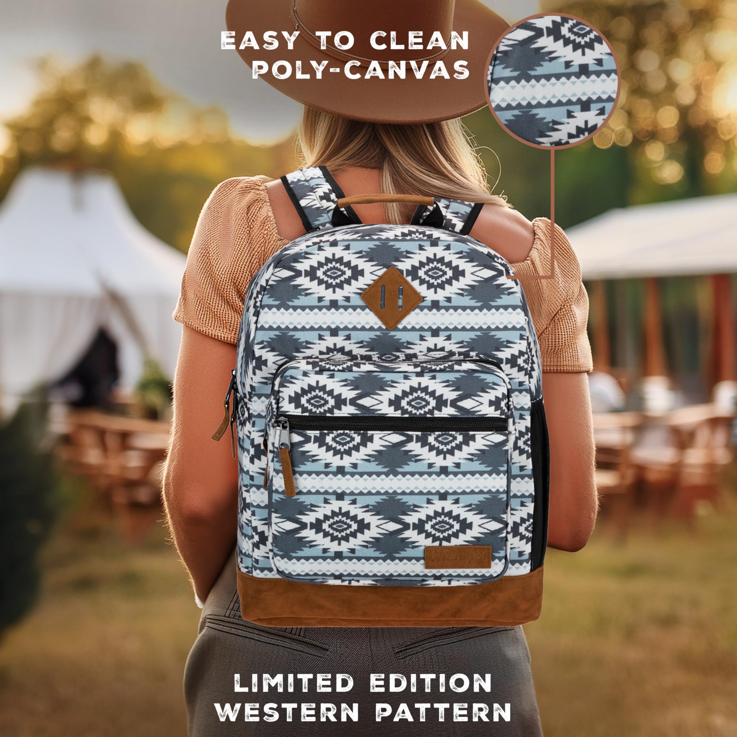 Wrangler Yellowstone Western-Style Backpack - Water Resistant Coated Canvas Daypack for Travel, School & Daily Use with Padded Laptop Sleeve (Checotah) | Perfect for College Students, Commuters & Outdoor Adventures