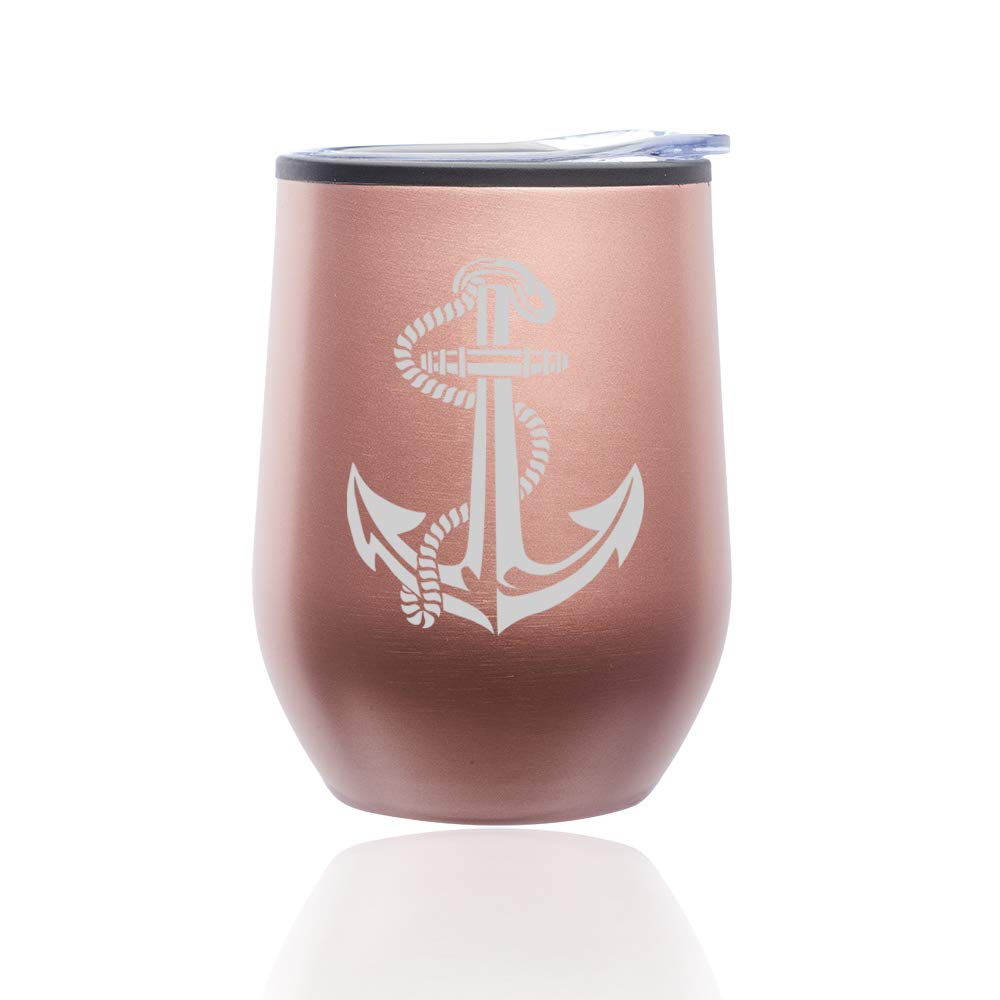 Rose Gold Stemless Wine Tumbler with Lid - Insulated Coffee Travel Mug, Anchor Design with Rope - Perfect for Beach, Picnics, and Outdoor Adventures