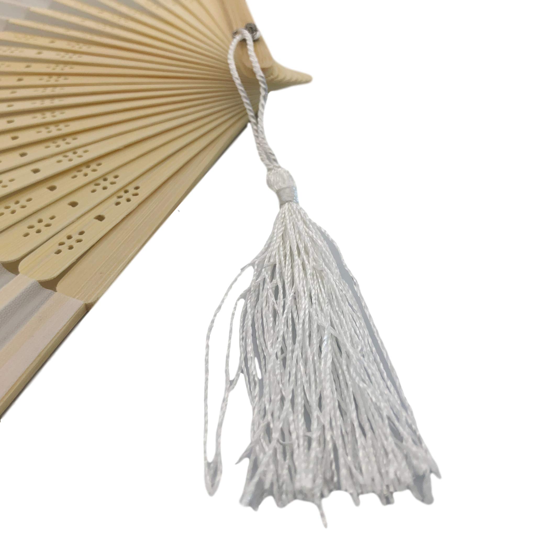 10 Pack Handheld Fabric Fans with Tassel - Premium Bamboo Ribs Wedding Party Favors, Summer Cooling Accessories for Outdoor Events, Bridal Showers & Beach Weddings (White)