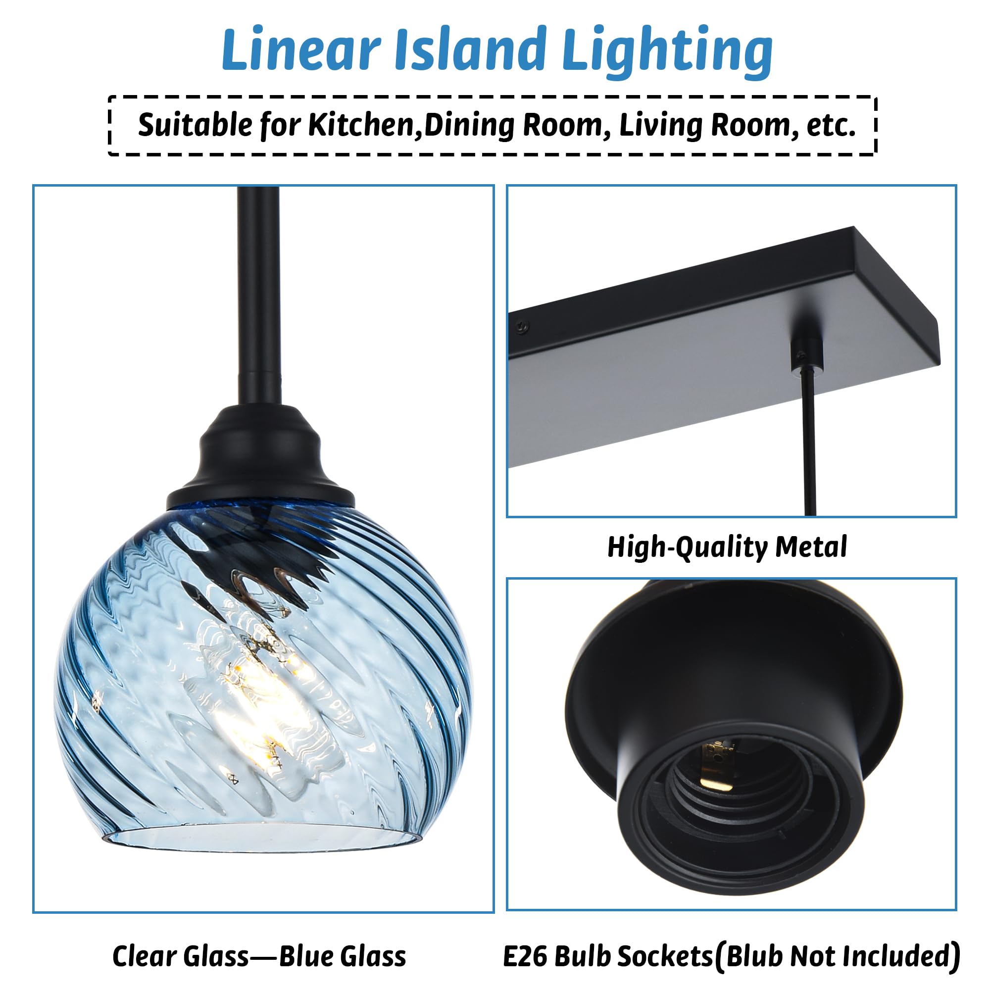 Black Linear Hanging Pendant Light Fixture - 3-Light Farmhouse Chandelier with Striped Swirl Glass Globes for Kitchen Island, Dining Room, Bar & Living Room | Modern Rustic Lighting for Home Decor