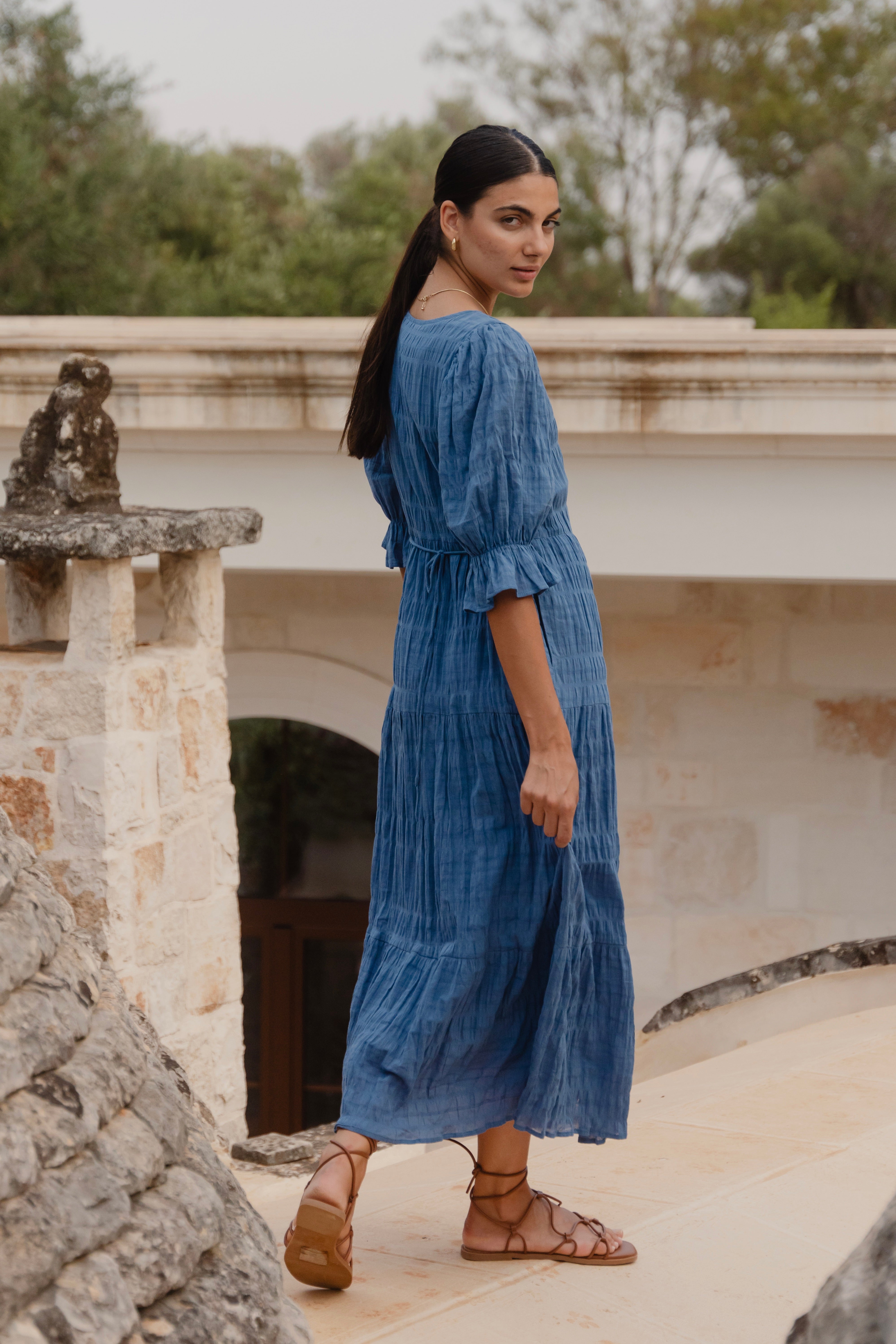 Dreamy Steel Blue Bubble Sleeve Button Front Tiered Maxi Dress for Women - Elegant Boho Summer Beach Dress for Vacations & Outdoor Events