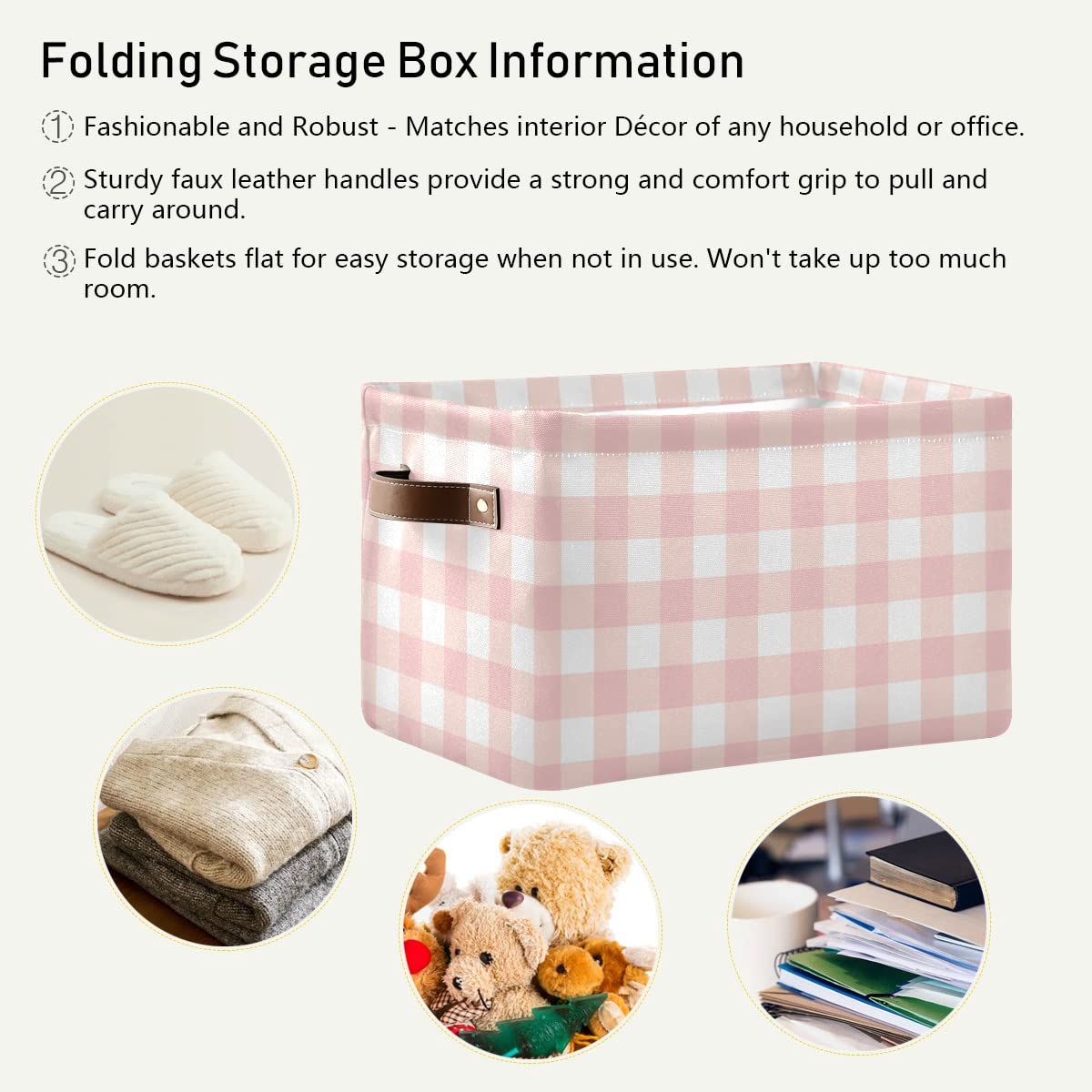 Pink Checkered Collapsible Storage Basket - Waterproof Rectangle Bin for Nursery Toys, Books & Clothes | Foldable Organizer for Closet Shelves, Bedroom Decor & Kids Room Organization
