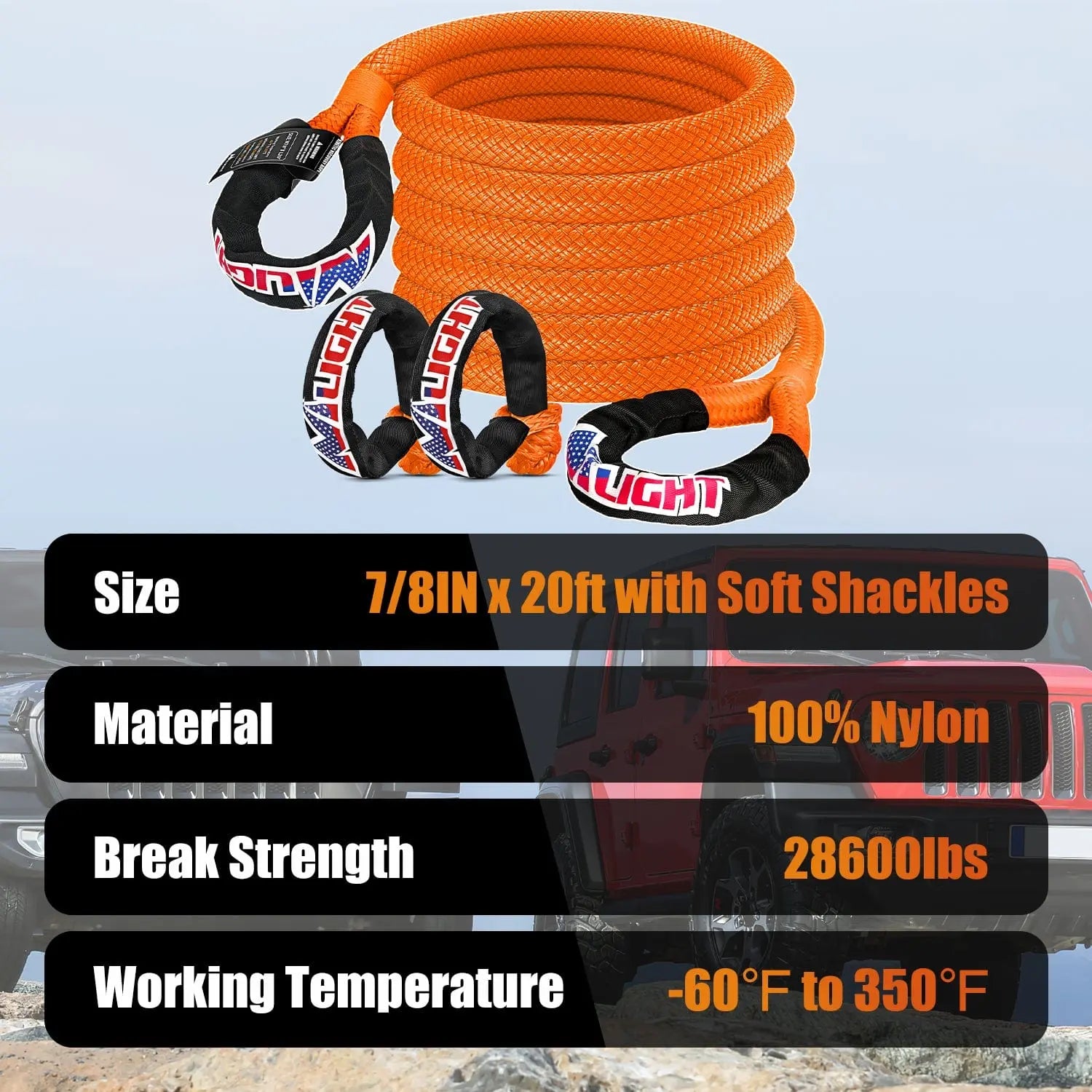 7/8 Inch x 20FT Heavy Duty Kinetic Recovery Rope with 2PCS 1/2in x 24in Soft Shackles - Off-Road Vehicle Recovery Gear for Jeep, Truck & SUV - Perfect for Towing, Mud & Snow Rescue