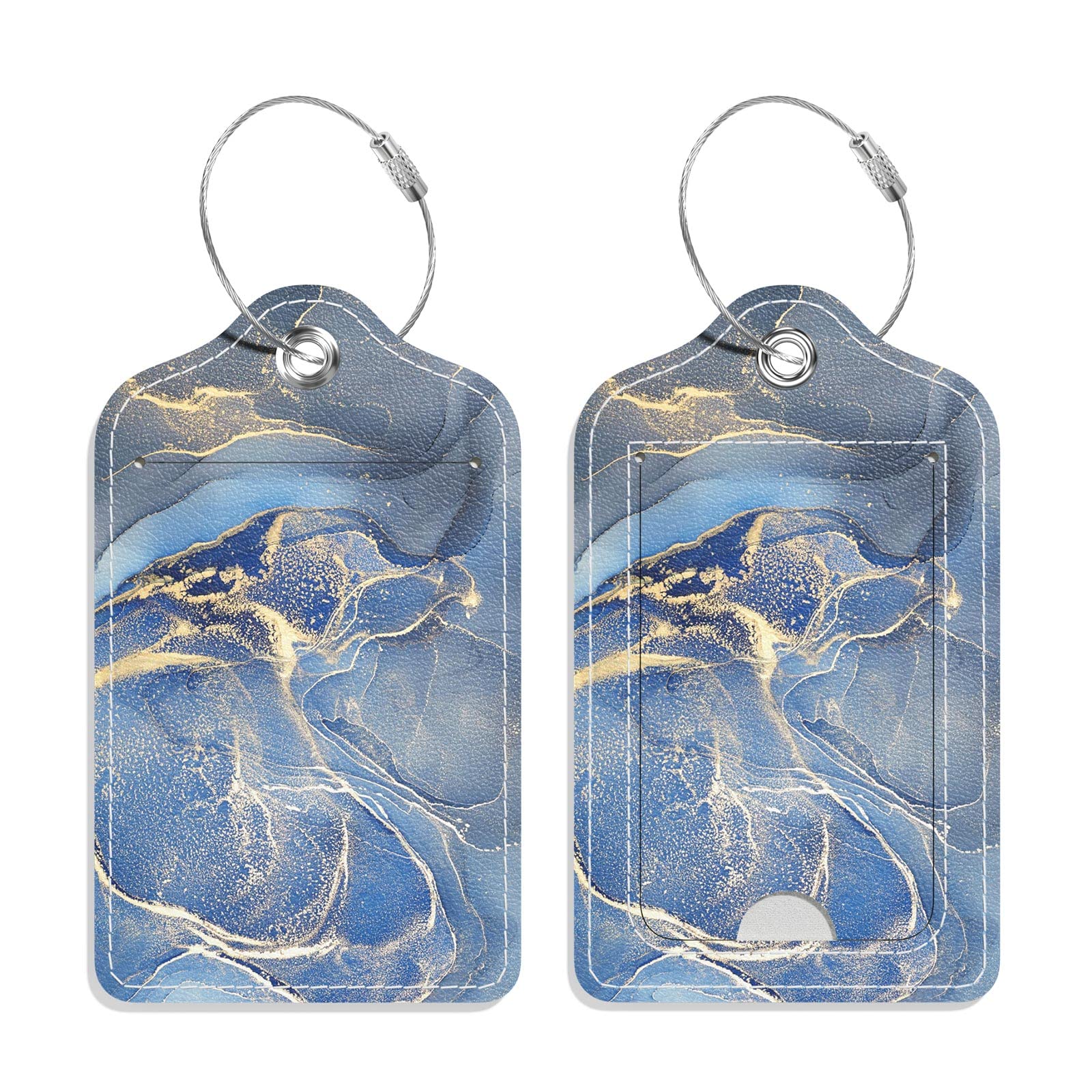Premium 2-Pack PU Leather Luggage Tags for Suitcases & Bags - Cruise Travel ID Tags with Privacy Flap, Metal Loop & Name Label (Gray Gold Marble) - Perfect for Airports, Cruise Ships & Business Trips
