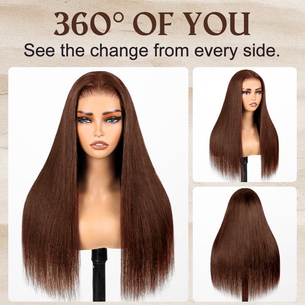 LZGYE Chocolate Brown Lace Front Wig - 7x5 Straight Human Hair Wig with Pre-Plucked Hairline & Bye Bye Knots | Dark Brown #4 Color, 220 Density, 24 Inch | Glueless Lace Closure Wig for Women | Perfect for Daily Wear, Parties & Cosplay