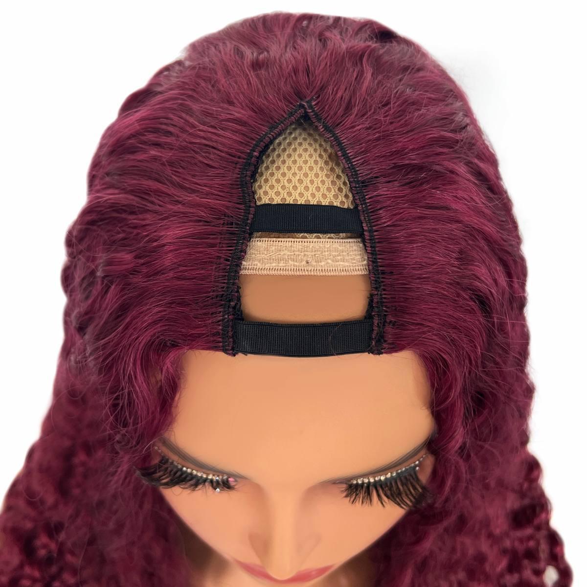 Burgundy Ocean Wave V Part 100% Human Hair Wig for Women - Natural Looking Wavy Lace Front Wig for Daily Wear, Cosplay & Special Occasions