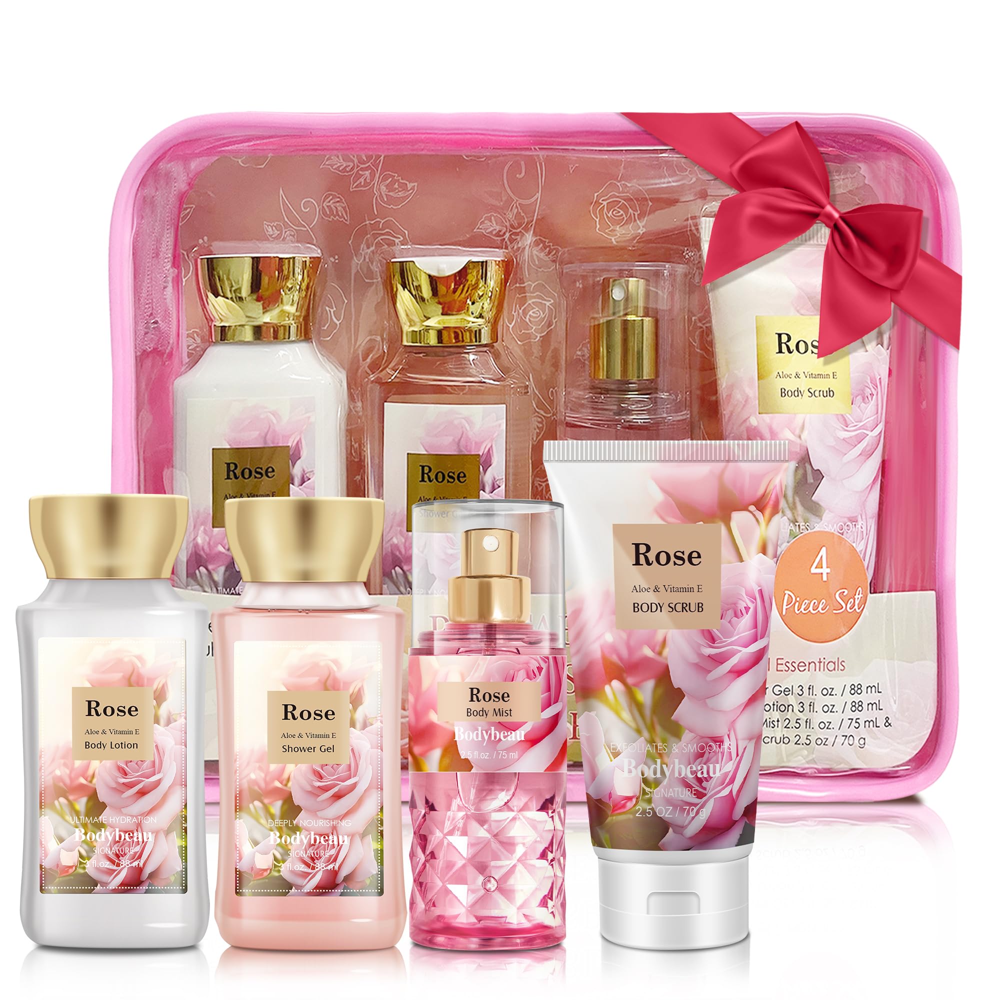 Luxury Rose Bath & Body Gift Set for Women - 4PCS Shower Gel, Body Lotion, Body Mist & Exfoliating Scrub | Spa Quality Skincare Travel Kit for Her | Perfect Birthday, Anniversary & Valentine's Day Present | Home Relaxation & Vacation Essential
