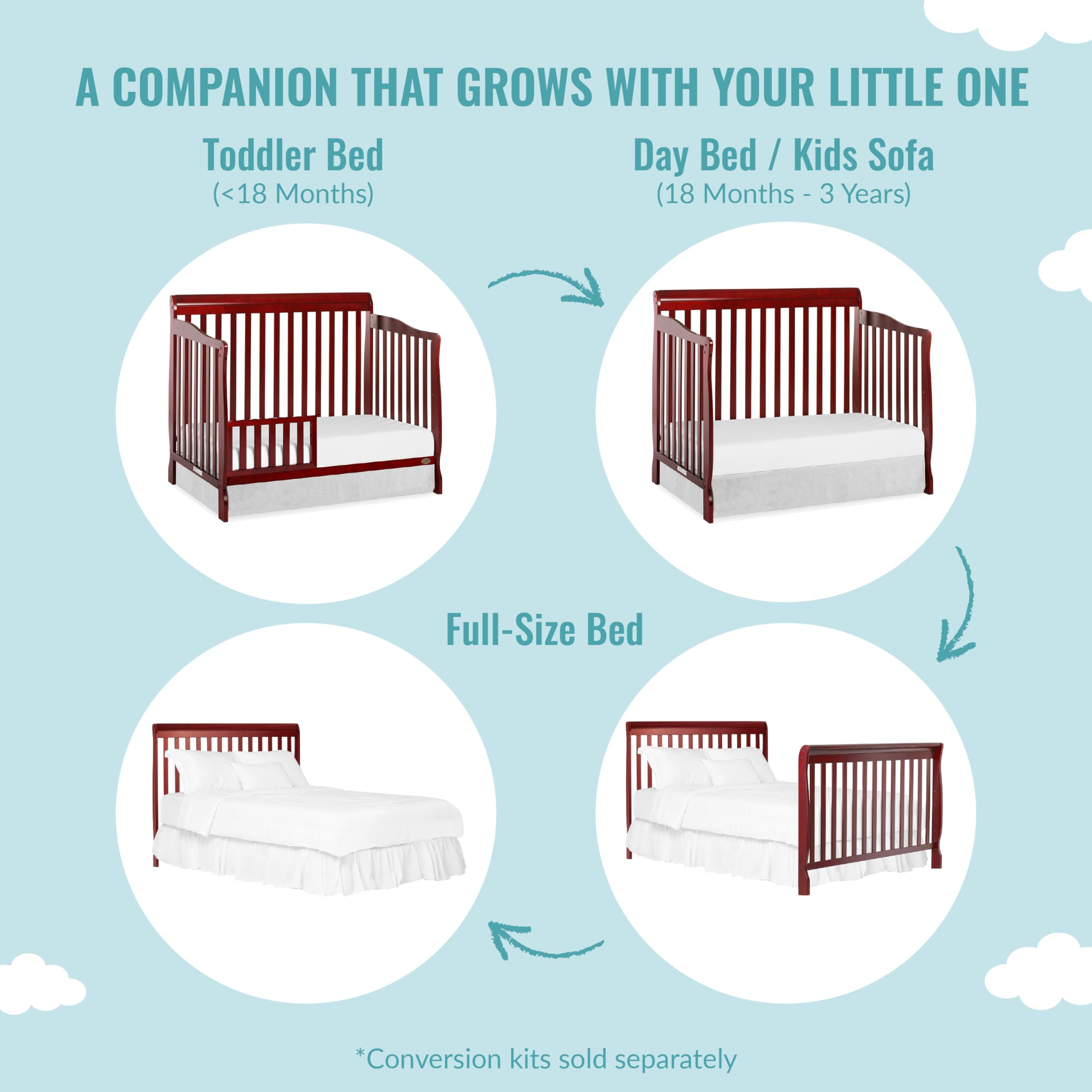 Dream On Me Ashton 4-in-1 Convertible Crib in Cherry Finish - GREENGUARD Gold & JPMA Certified | Non-Toxic Solid Pinewood Baby Crib with 4 Adjustable Mattress Heights | Perfect for Nursery, Bedroom & Daycare Use