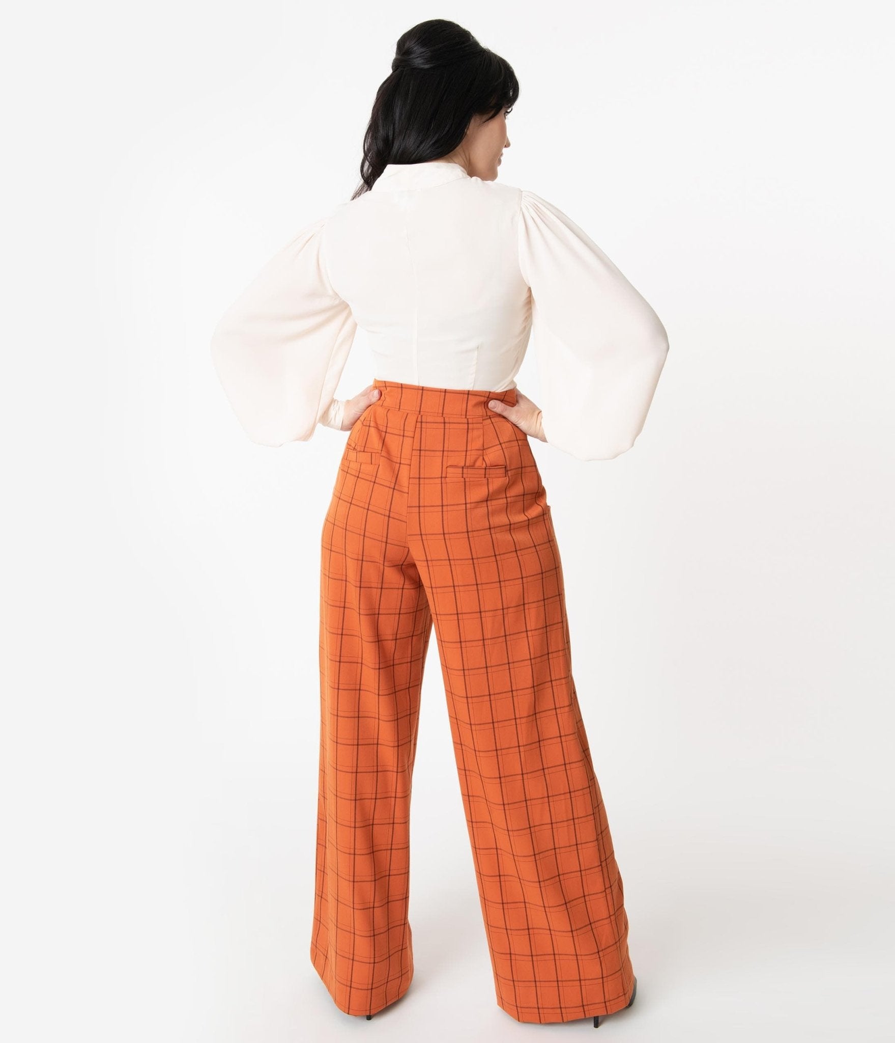 Vintage 1940s Orange Windowpane High Waist Ginger Pants - Retro Women's Trousers for Casual Wear & Costume Parties