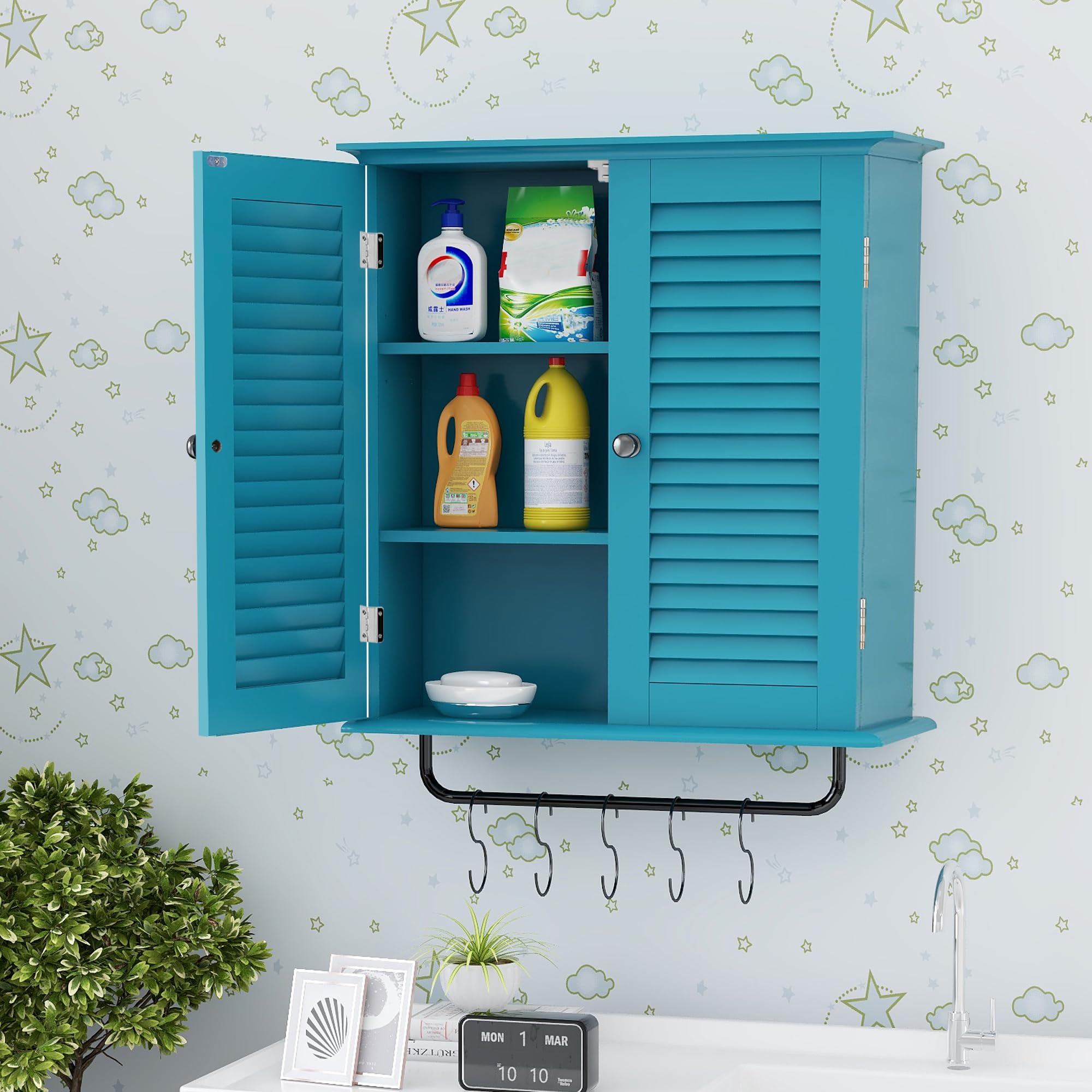 Turquoise Wall Mounted Bathroom Medicine Cabinet with Double Shutter Doors & 3-Tier Adjustable Shelves - Over The Toilet Storage Organizer with Towel Rack for Bathroom, Laundry & Small Space Organization | Perfect for Apartments, Powder Rooms & Modern Home Decor