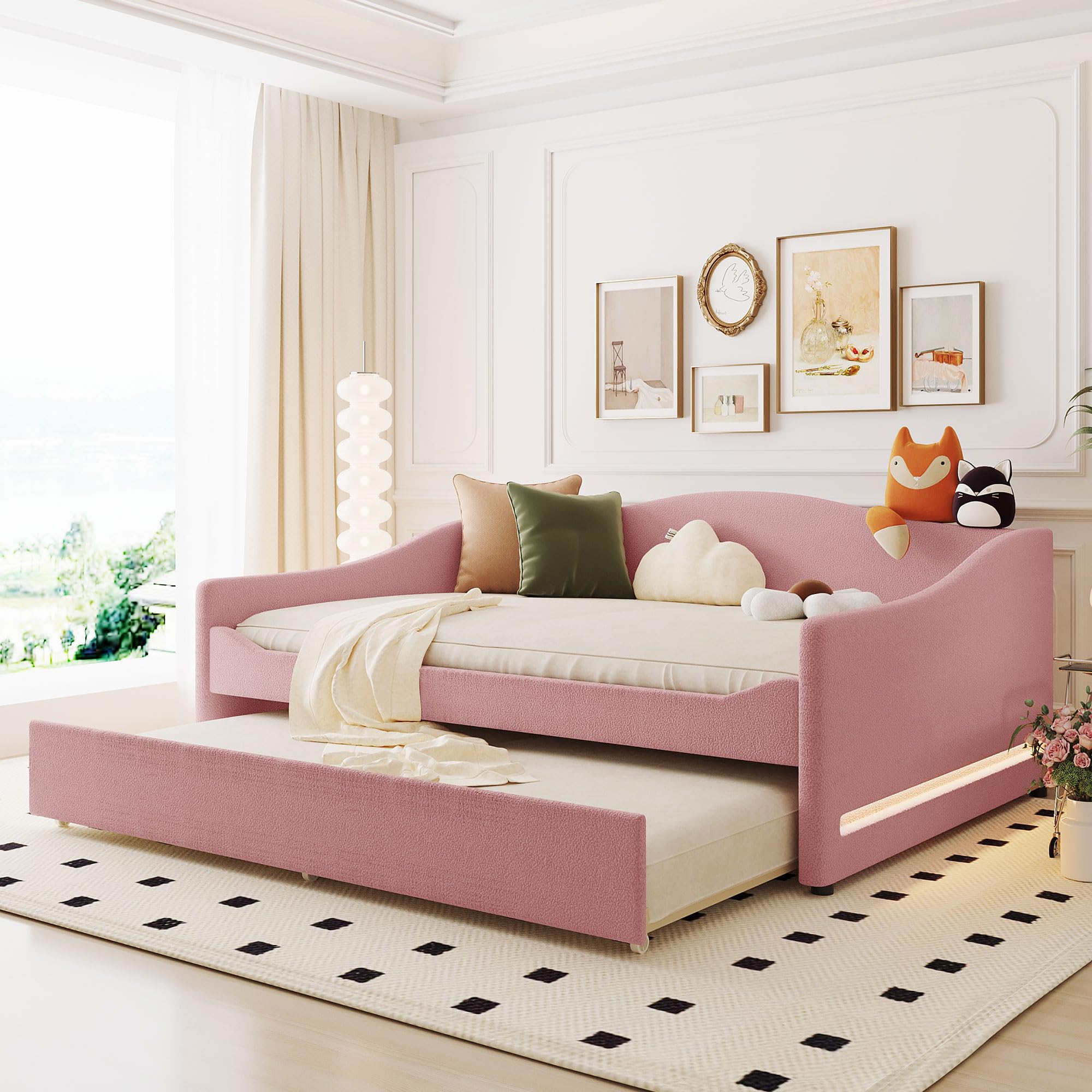 Harper & Bright Designs Full Size Daybed with Trundle - Upholstered Teddy Fleece Sofa Bed Frame with Light, Convertible Daybed for Bedroom, Living Room & Guest Room (Pink) | Perfect for Small Spaces, Sleepovers & Cozy Reading Nooks
