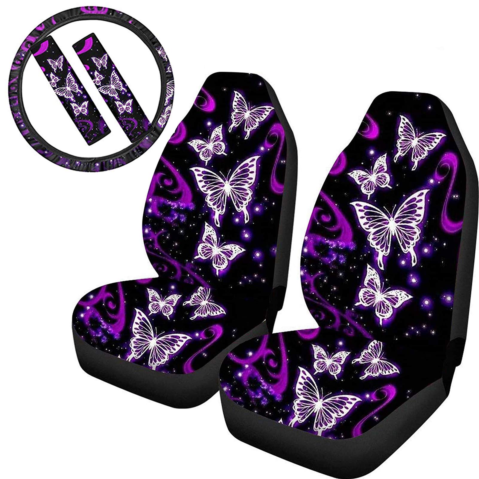 FKELYI 5-Piece Purple Butterfly Car Seat Covers Set - Stretchable Bucket Seat Covers, Steering Wheel Cover & Seat Belt Pads | Universal Fit for Cars, Trucks & SUVs | Soft & Durable Interior Accessories for Comfort & Style