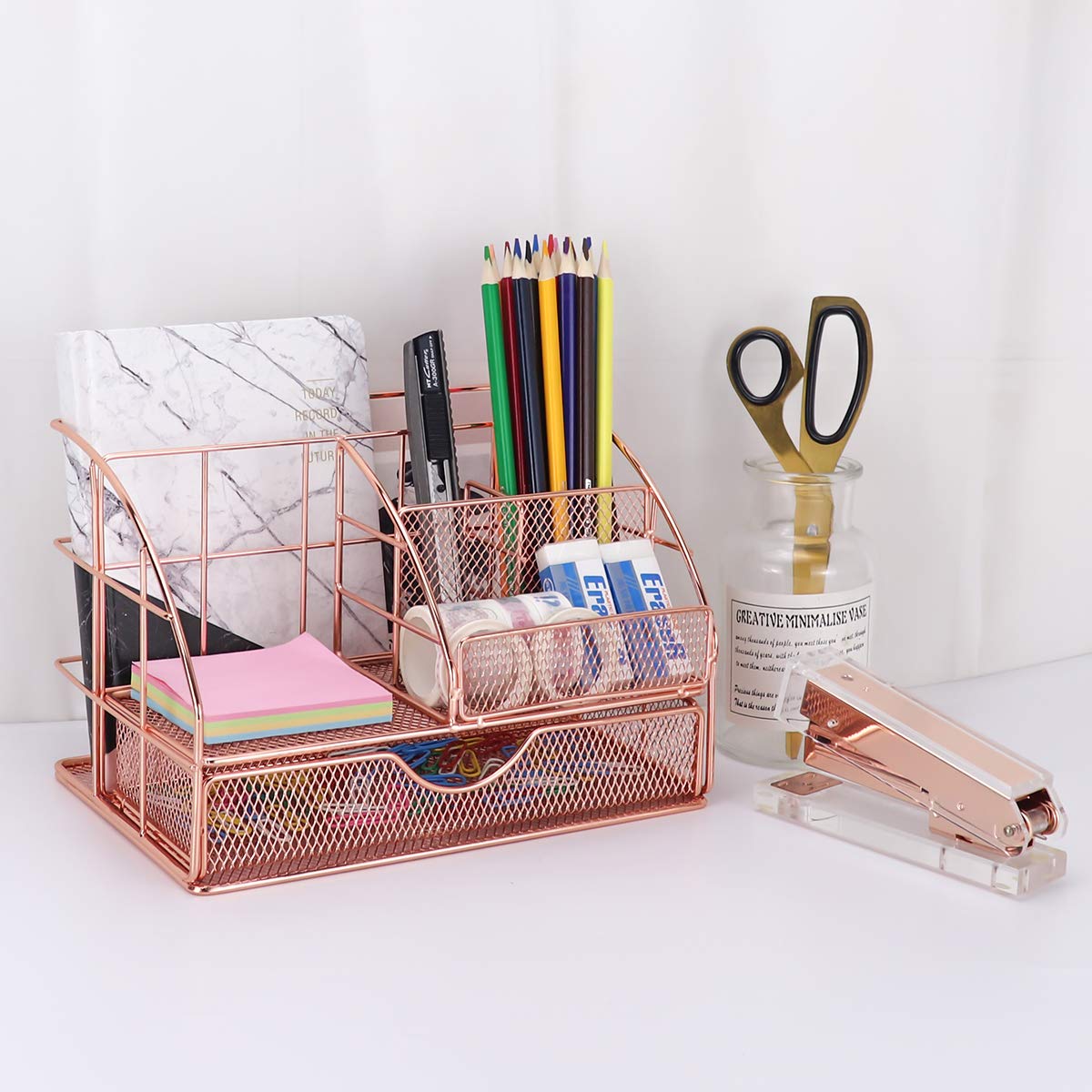 Premium Rose Gold Metal Desk Organizer - All-in-One Office Supplies with Drawer, Pen Holder, Sticky Note & Mail Sorter - Perfect for Home Office, Workspace & School Organization
