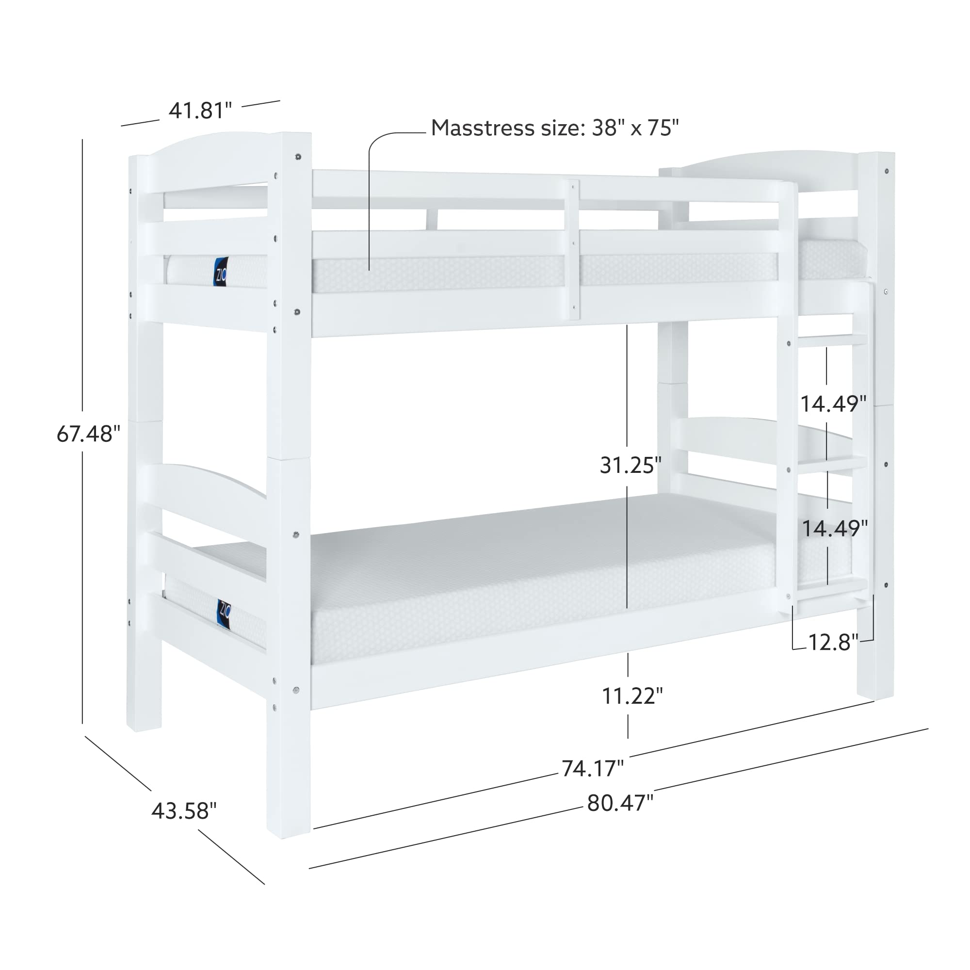 Powell Levi White Twin Over Twin Bunk Bed - Space Saving Kids Bedroom Furniture for Siblings or Sleepovers | Sturdy Wooden Bunk Beds for Small Rooms & Shared Bedrooms