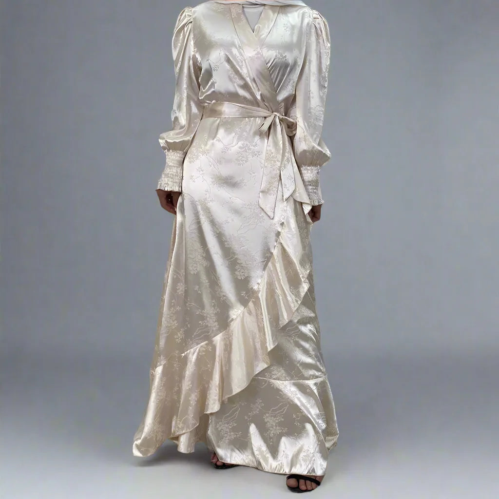 Elegant Muslim Satin Printed Open Kimono Abaya Dress for Women - Modest Islamic Fashion, Prayer & Special Occasions