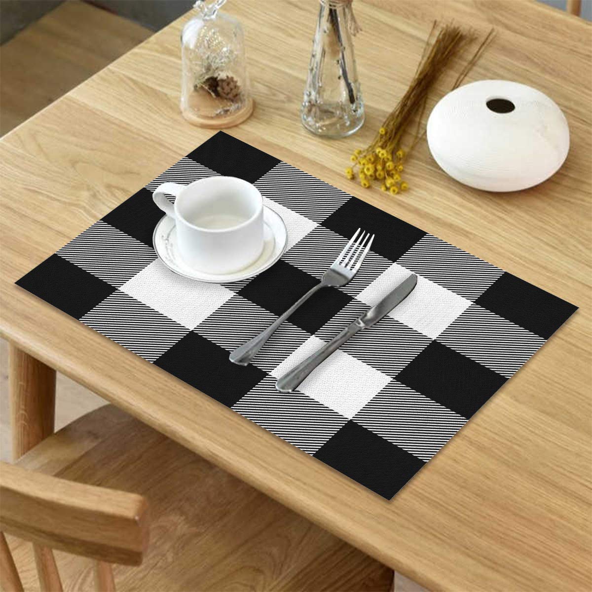 Geometric Placemats Set of 4 - Black White Plaid Linen Burlap Washable Table Mats for Dining & Kitchen - Protect Tables from Spills & Stains | Perfect for Everyday Meals, Dinner Parties & Holiday Gatherings