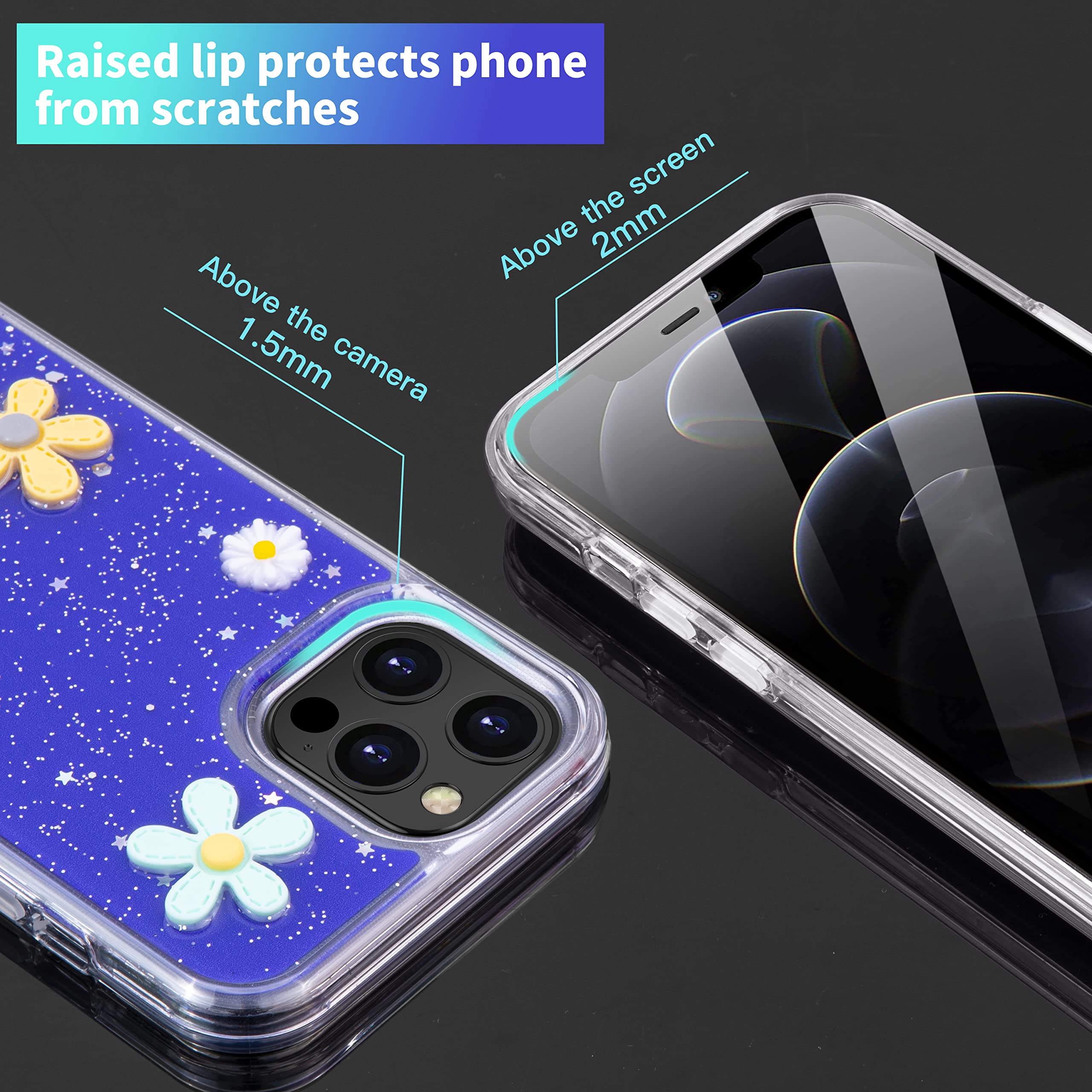 Shockproof iPhone 12 Pro Max Case with Daisy Flower Design - Anti-Scratch Full Body Protection, Cute Glitter Cover for Women (Blue) | Perfect for Everyday Use, Outdoor Activities & Gift Giving