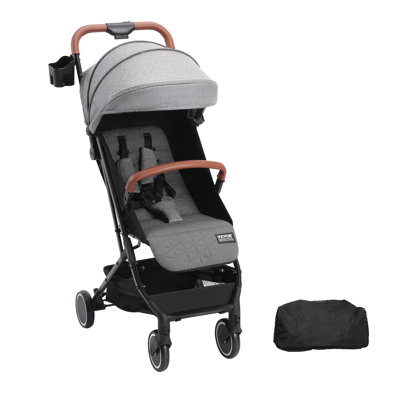 VEVOR Adjustable Baby Stroller for Newborns & Toddlers - Lightweight Travel Stroller with Reclining Backrest (95°-150°), Foldable Footrest (0°/90°), Cup Holder & Storage Bag - One-Click Folding Compact Stroller for Shopping, Travel & Daily Walks (Dark Grey)