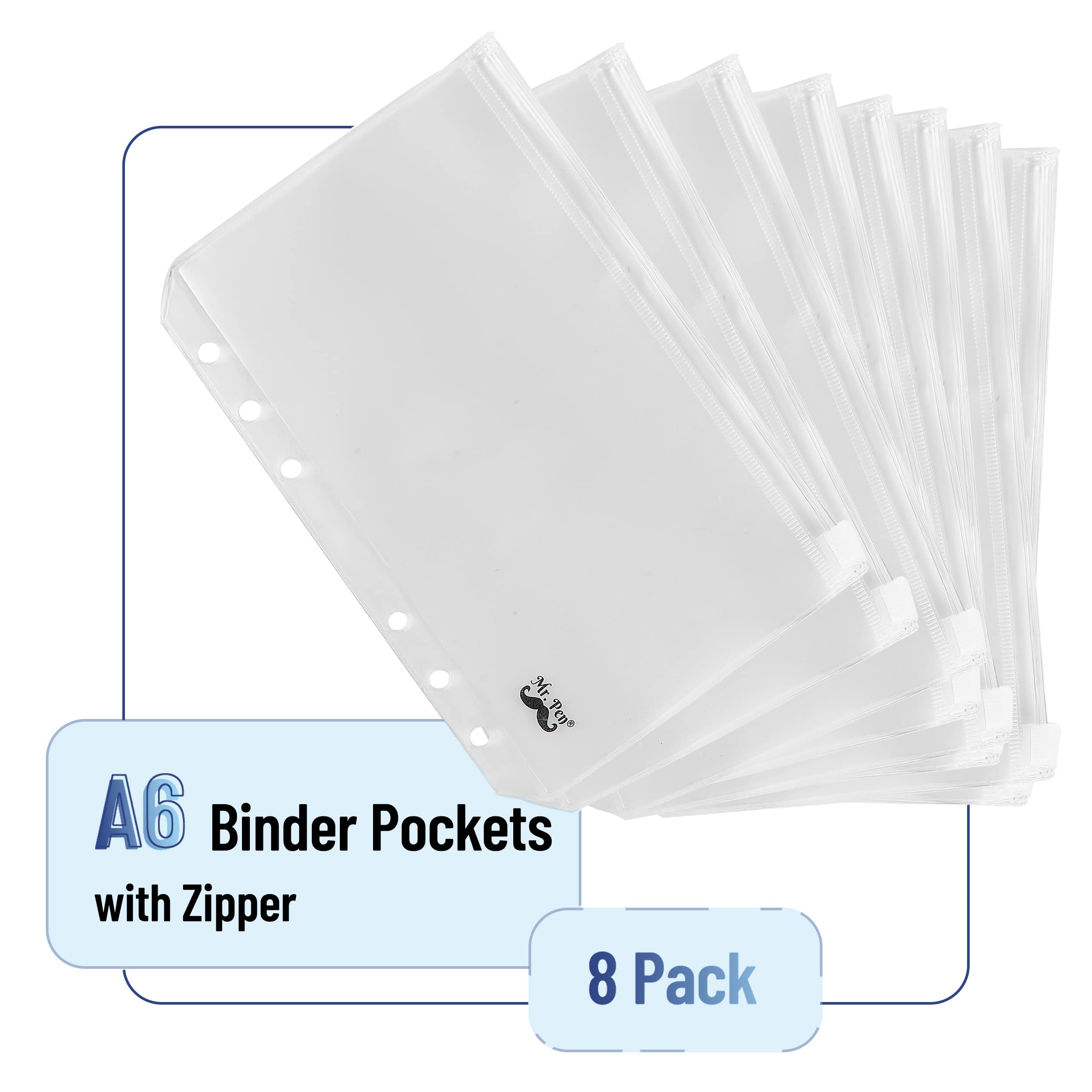 Mr. Pen A6 Binder Pockets - 8 Pack Clear Zipper Envelopes with 6 Holes for Cash, Inserts & Organization | Perfect for Budgeting, School Supplies, Planner Accessories & Document Storage