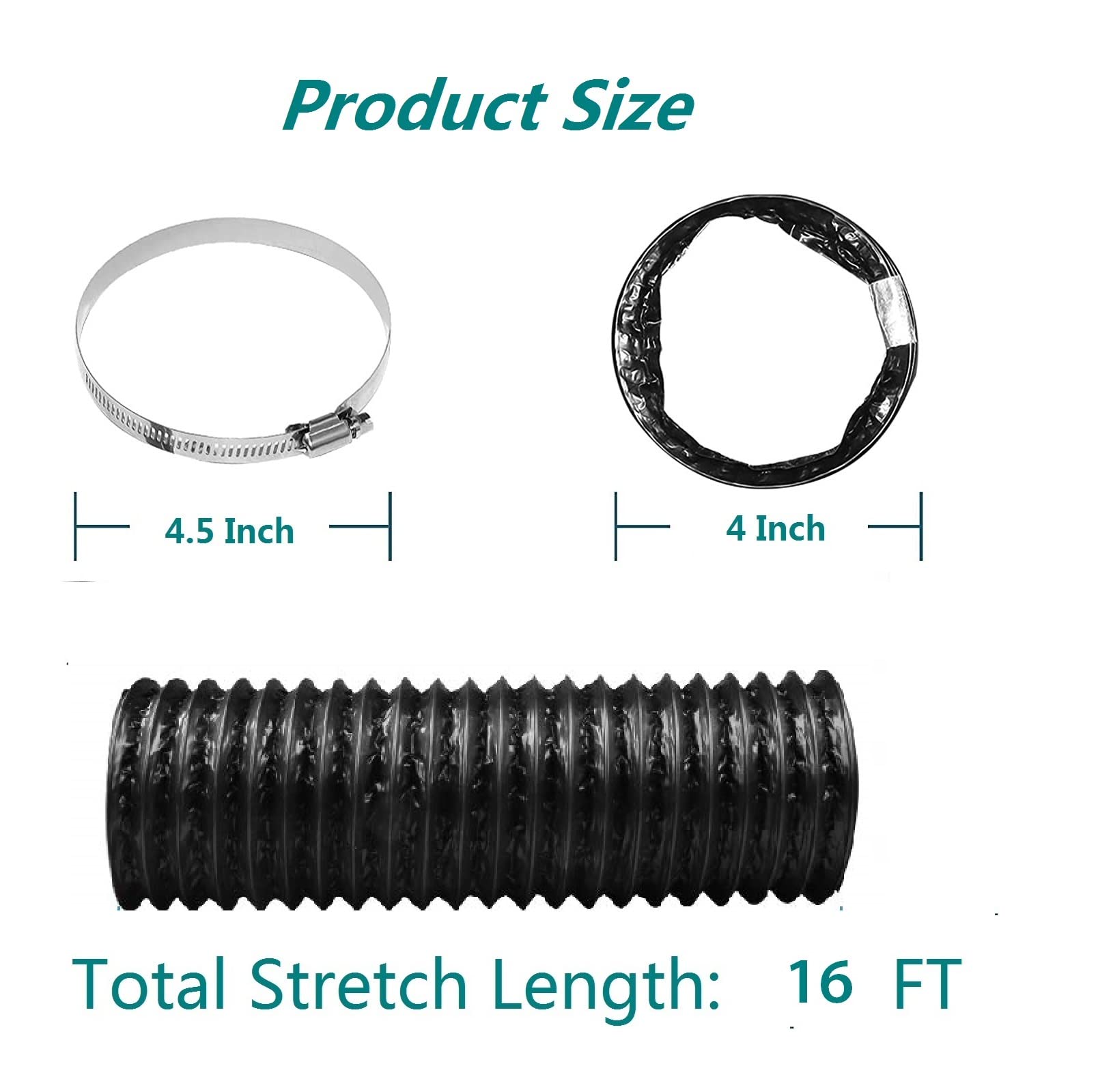 4 Inch Dryer Vent Hose - 16 Feet Flexible Adjustable PVC Heavy Duty 4-Layer Air Duct for HVAC Ventilation with 2 Screw Clamps (Black) - Perfect for Home Laundry Room, RV & Mobile Home Dryer Venting