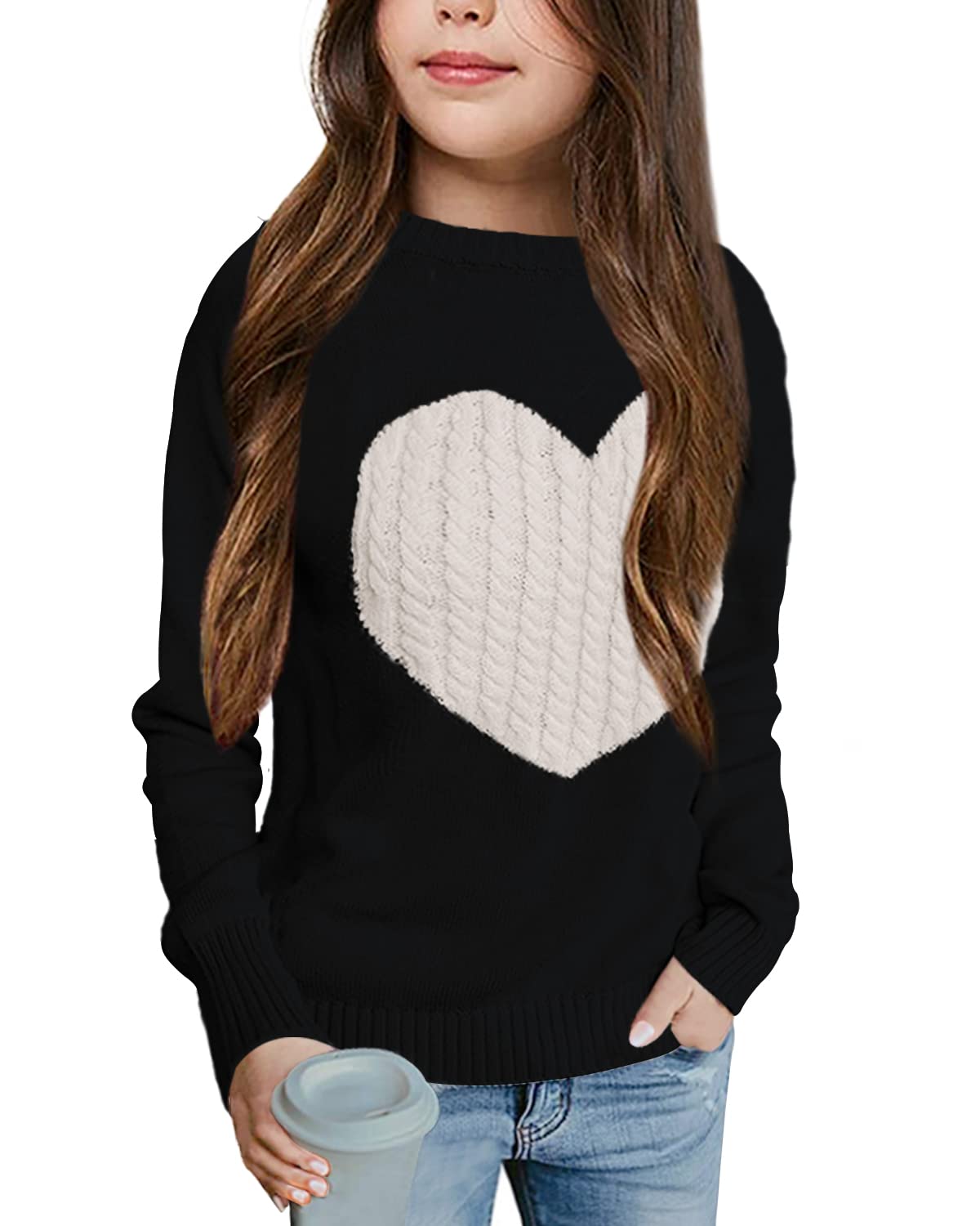 Batermoon Girls' Pullover Sweaters - Long Sleeve Cute Heart Pattern Crewneck Knit Jumper Tops for School, Casual Wear & Winter Outfits