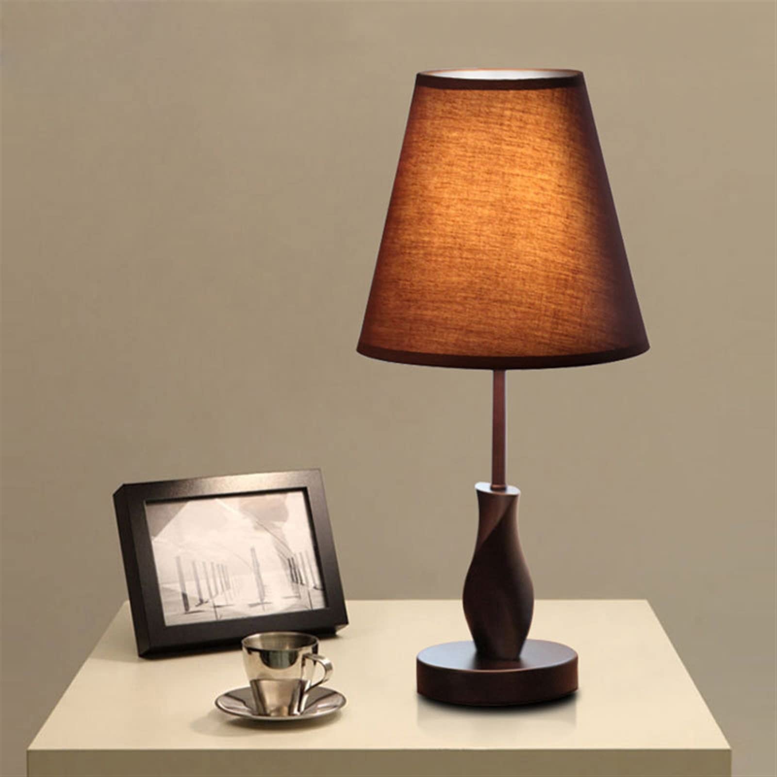 Nordic Wood Table Lamp - Modern Bedside Lamp for Bedroom, Living Room, Home Study & Hotel Decor | Brown Lampshade | Perfect for Reading, Nightstand Lighting & Cozy Ambience