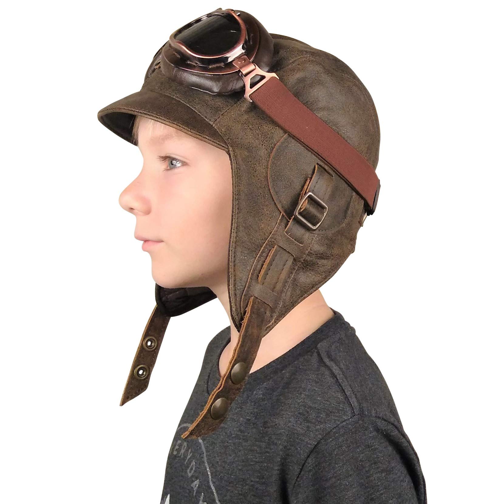 Kids Aviator Hat with Goggles - Genuine Brown Leather Pilot Cap for Children - Small Size - Perfect for Dress Up, Halloween Costumes & Aviation-Themed Parties