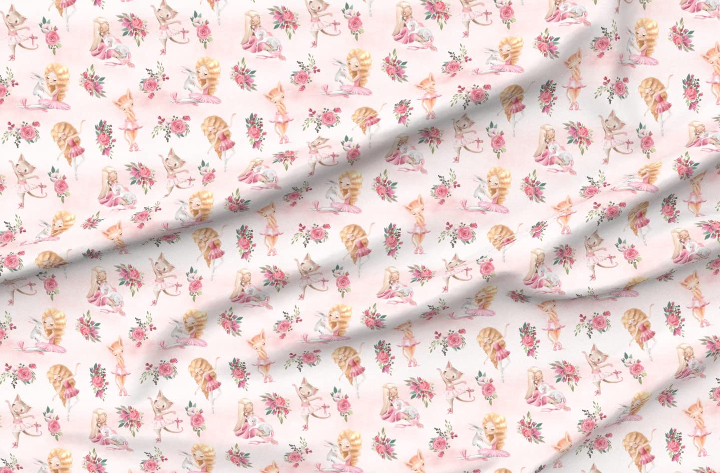 Little Ballerinas Cats Unicorns Printed Minky Fabric - Blush Pink Background with Flowers - Soft Plush Fat Quarter for Sewing Baby Blankets, Quilt Backing & DIY Projects - Perfect for Nursery Decor, Kids Clothing & Crafting