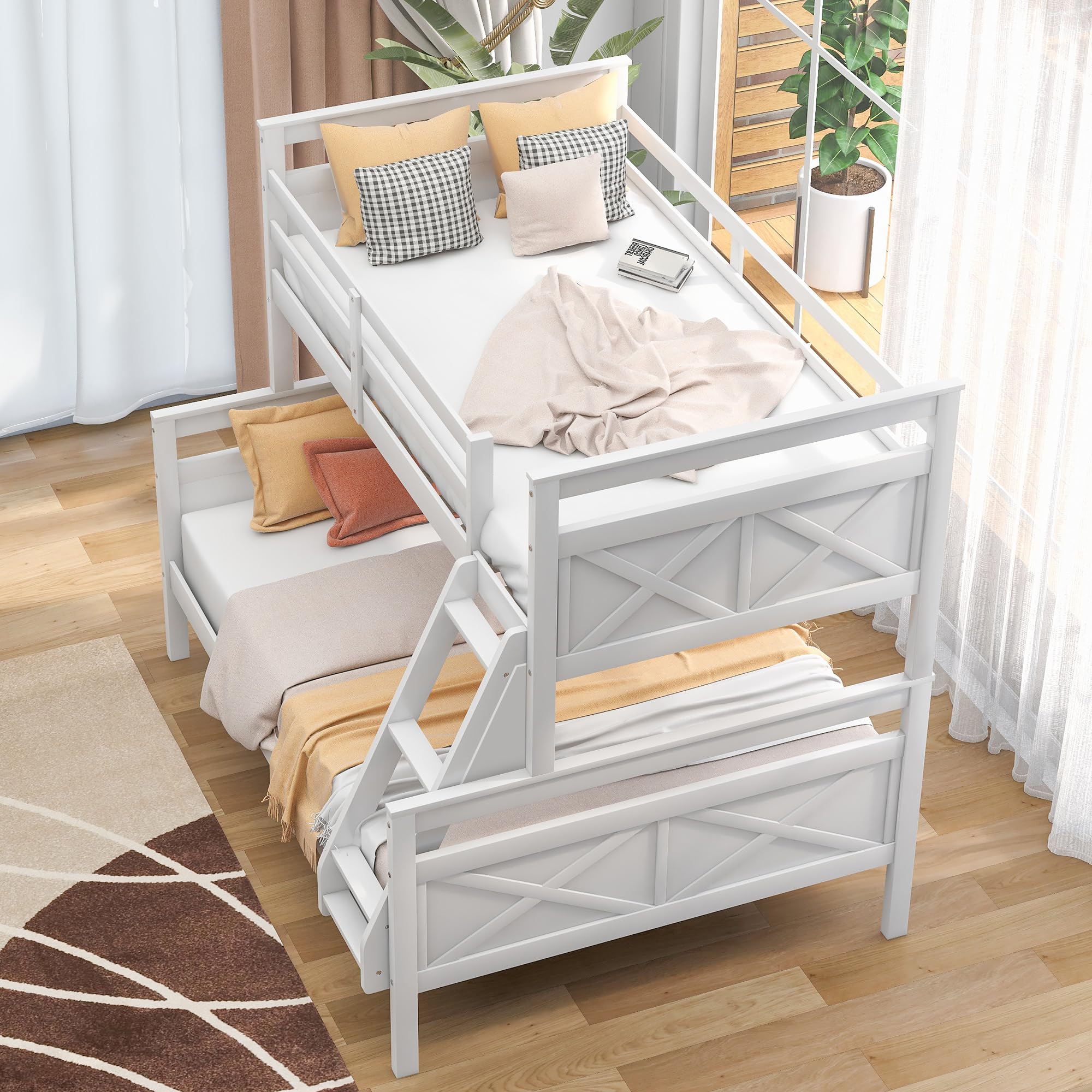 P PURLOVE Twin Over Full Bunk Bed - Convertible Wood Bunk Beds with Ladder for Kids & Guest Rooms