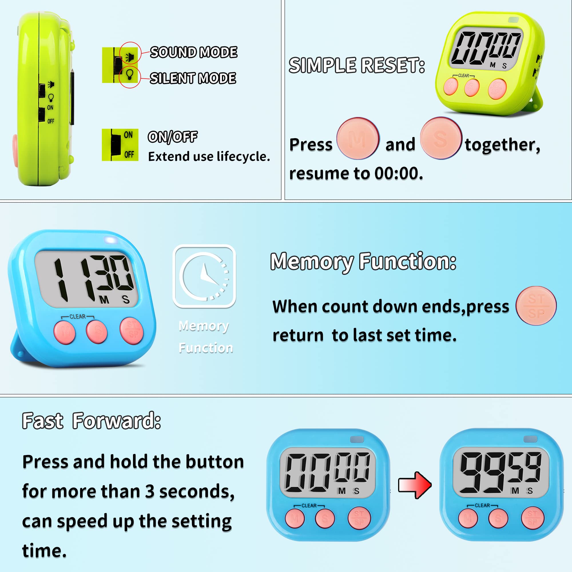 2 Pack Large Magnetic Digital Kitchen Timer for Cooking, Kids & Teachers - Blue & Green | Perfect for Classrooms, Baking, and Time Management