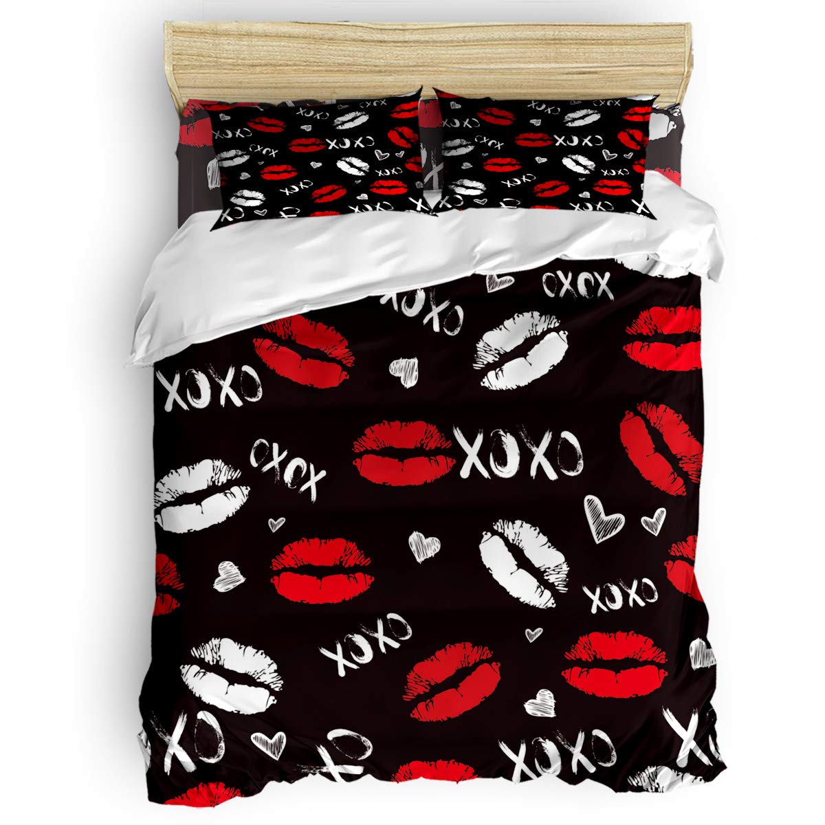 GreaBen Queen Size 4-Piece Duvet Cover Set - Black White Red Lips Print Comforter Cover, Fitted Sheet & 2 Pillowcases for Boys & Girls | Soft Bedding Set for Teens, Dorms & Guest Rooms