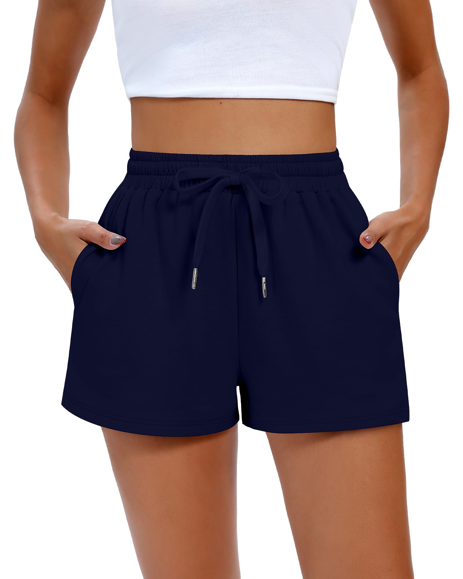 4 Pack Women's High Waisted Sweat Shorts - Summer Athletic Shorts with Drawstring & Pockets - Lightweight Comfort for Yoga, Running, Gym Workouts and Casual Wear