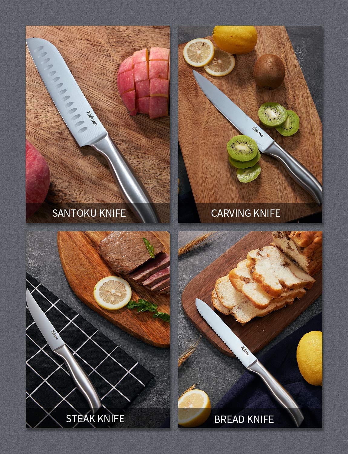Yabano 16-Piece German High-Carbon Stainless Steel Knife Set with Wooden Block - Includes Chef Knife, Steak Knives, Meat Scissors & Sharpener | Perfect for Home Kitchen, Professional Cooking & Meat Preparation