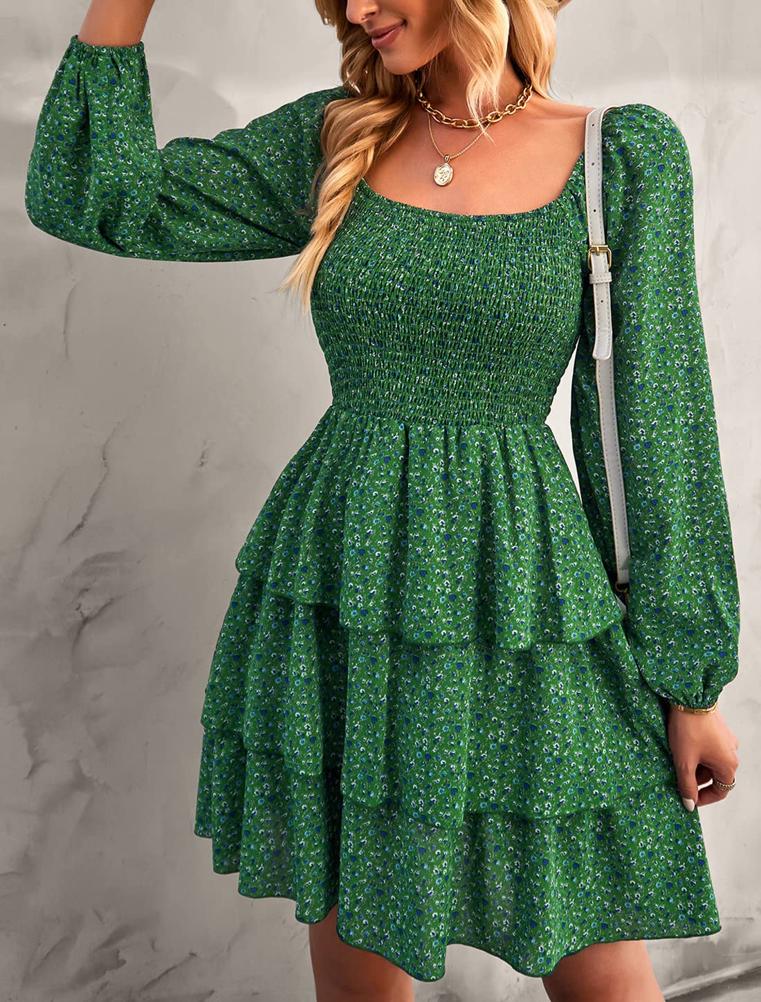 BTFBM Women's Floral Swiss Dot Smocked Mini Dress - Square Neck Long Sleeve Boho Wedding Guest Dress for Spring & Summer 2025 | Perfect for Garden Parties, Bridal Showers & Date Nights