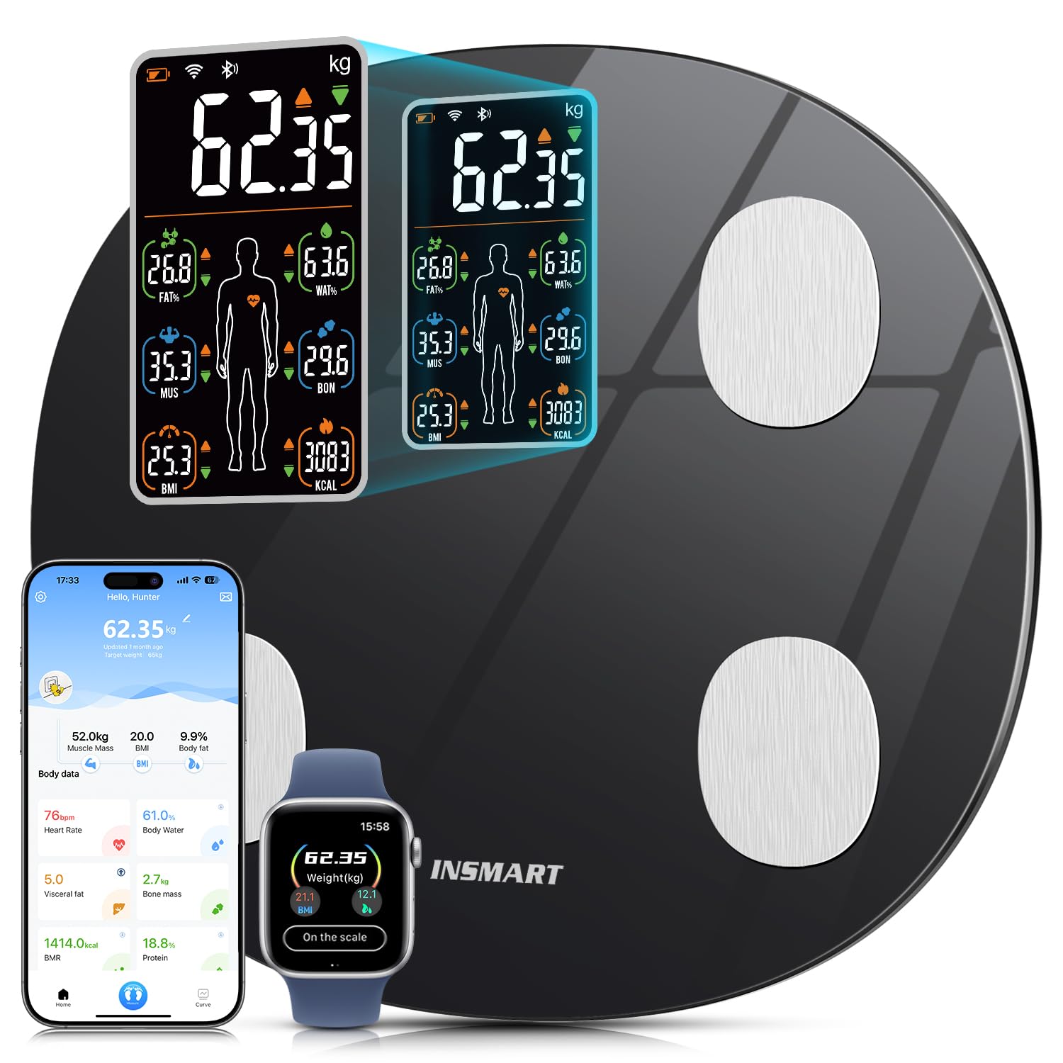 INSMART Bluetooth Smart Scale for Body Weight & Body Fat - Digital Bathroom Scale with LCD Display, Heart Rate Monitor, Body Composition Analyzer - Up to 396 lbs - Perfect for Home Gym, Fitness Tracking & Health Monitoring