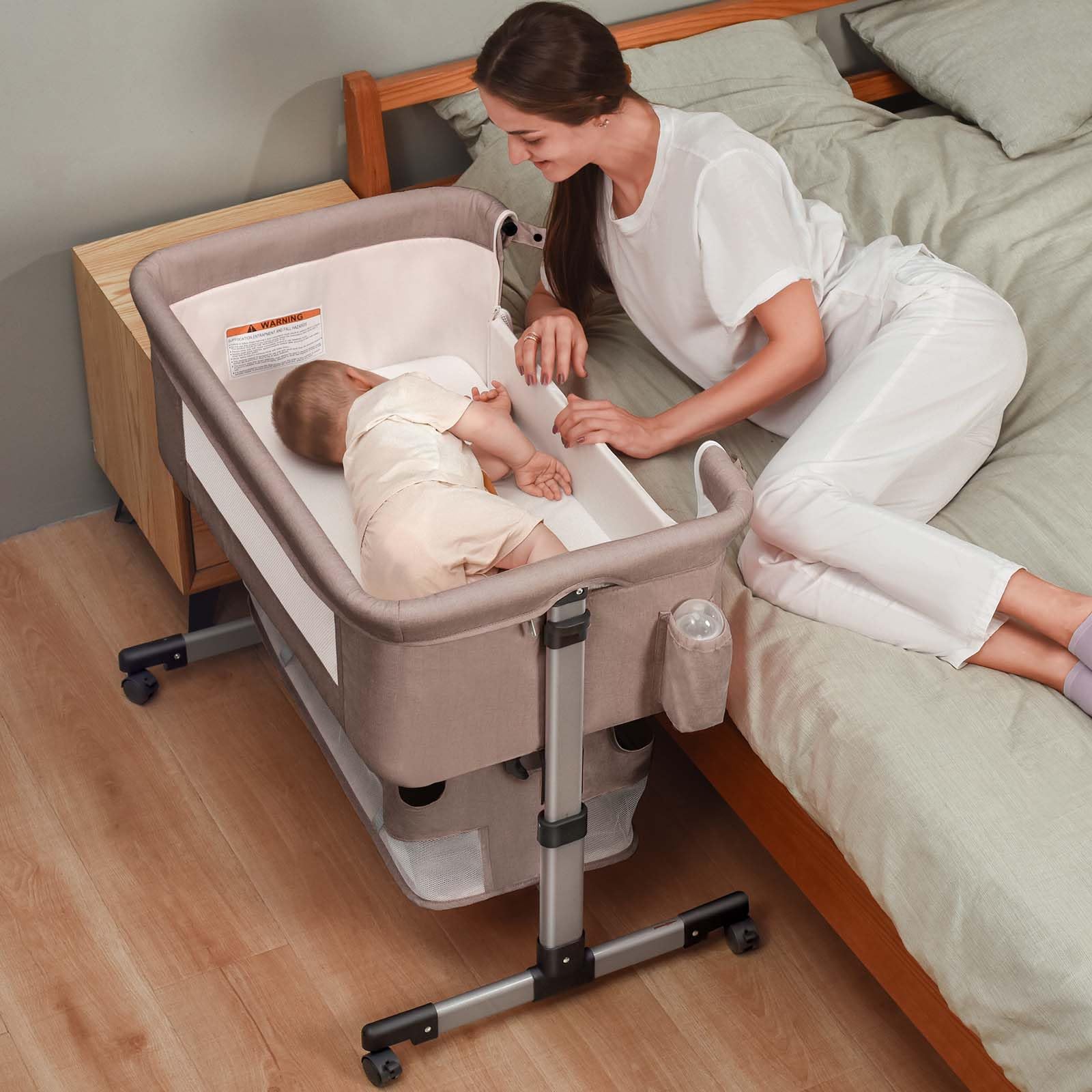 3-in-1 Adjustable Portable Baby Crib & Bassinet for Newborns - Convertible Bedside Sleeper with Breathable Mesh - Perfect for Nursery, Co-Sleeping & Travel (Khaki)
